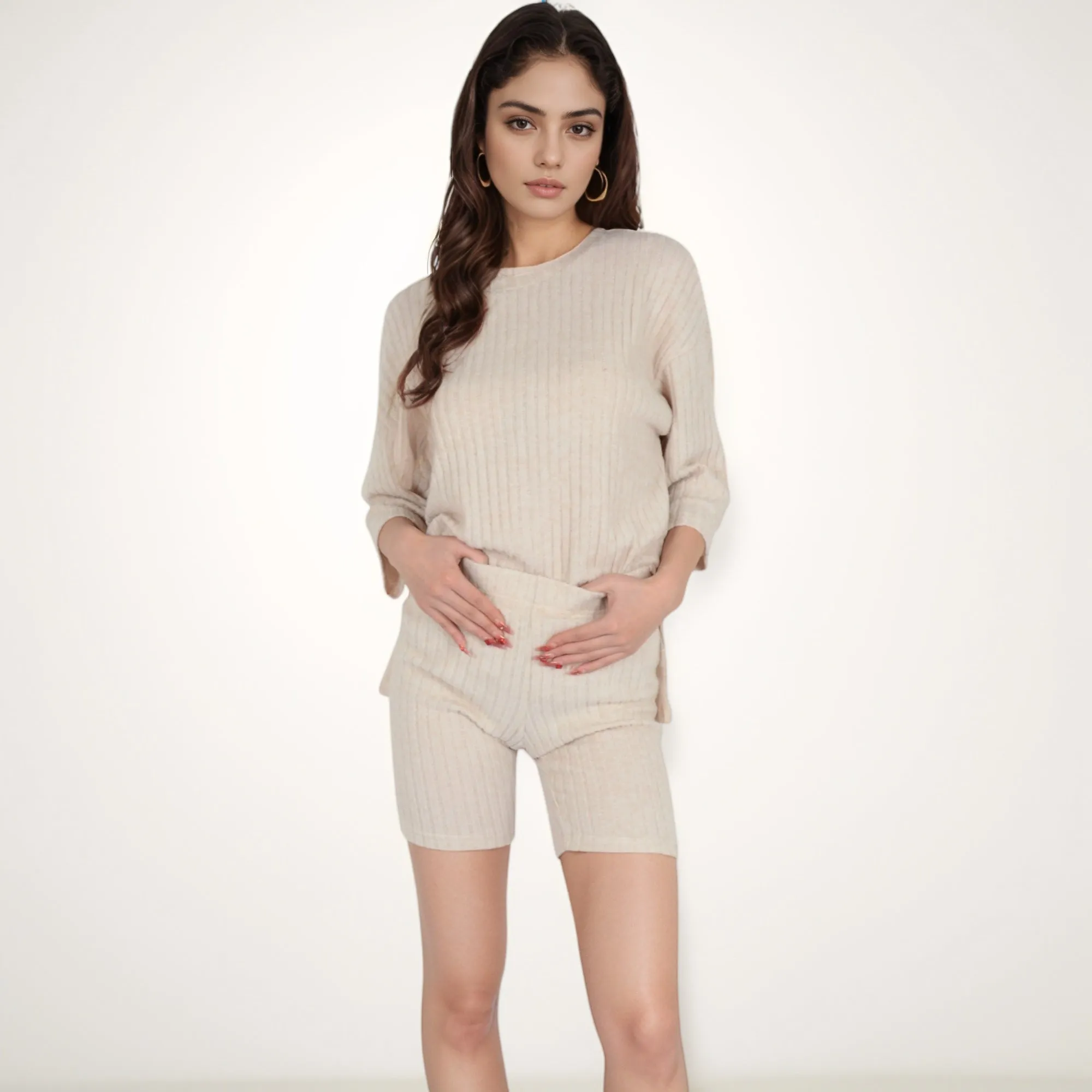 Anna-Kaci Women's Ribbed Knit Lounge Set with 3/4 Sleeve Top and Fitted Shorts sold by Anna-Kaci product image thumbnail 4