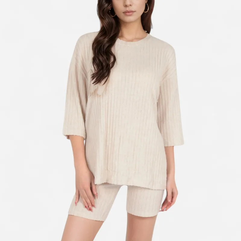 Anna-Kaci Women's Ribbed Knit Lounge Set with 3/4 Sleeve Top and Fitted Shorts sold by Anna-Kaci
