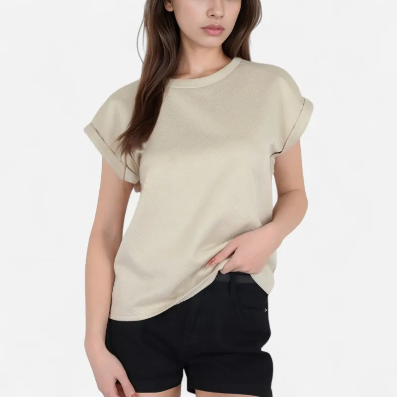 Anna-Kaci Women's Textured Short Sleeve Pullover Top with Rolled Cuffs and Subtle Geometric Pattern sold by Anna-Kaci
