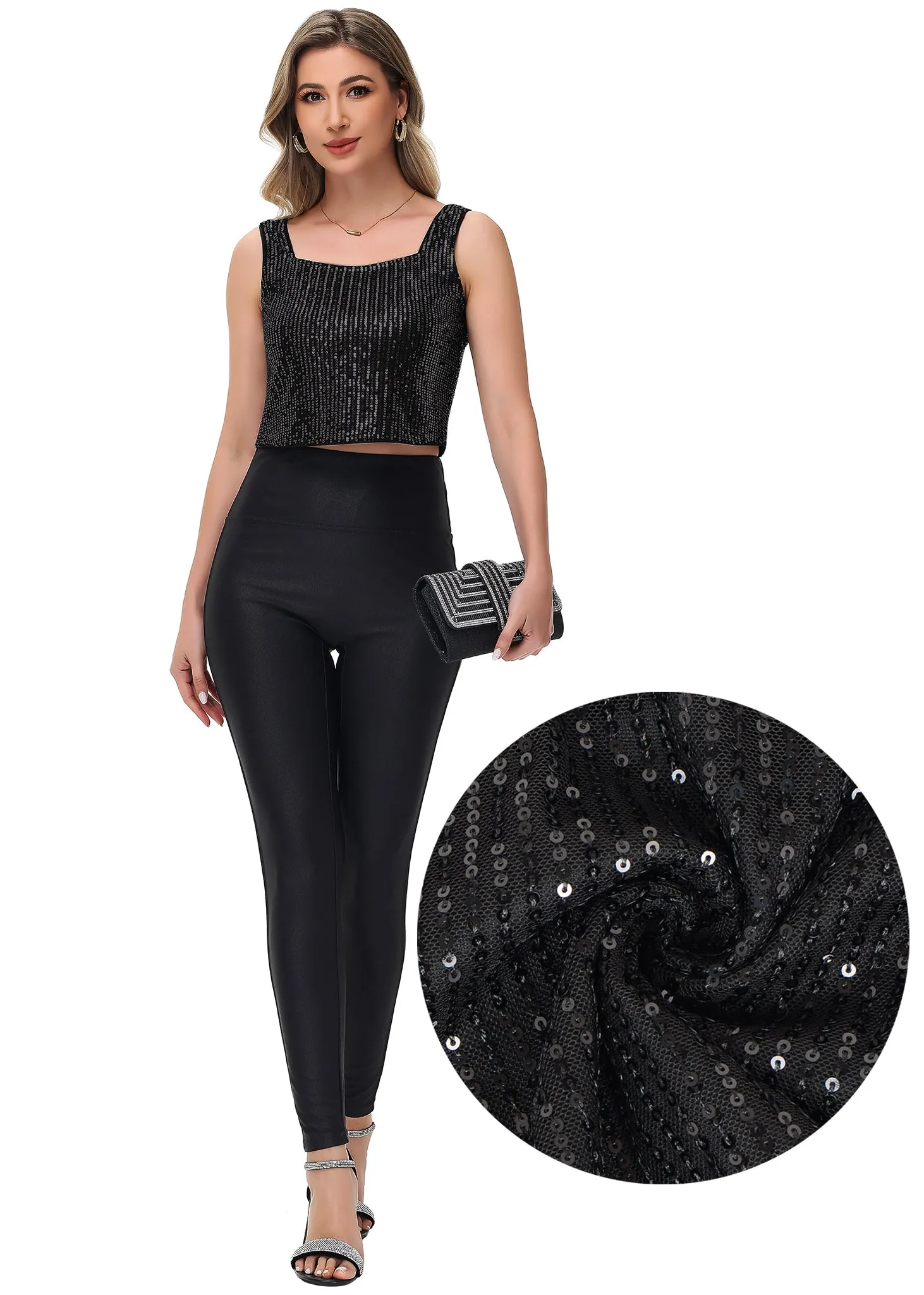 Anna-Kaci Women's Sequin Cropped Tank Top with Wide Straps Square Neckline for Festivals, Parties, Night Out sold by Anna-Kaci product image thumbnail 5