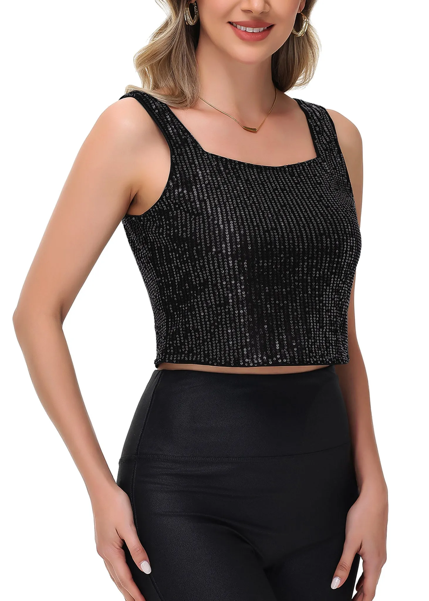 Anna-Kaci Women's Sequin Cropped Tank Top with Wide Straps Square Neckline for Festivals, Parties, Night Out sold by Anna-Kaci product image thumbnail 2