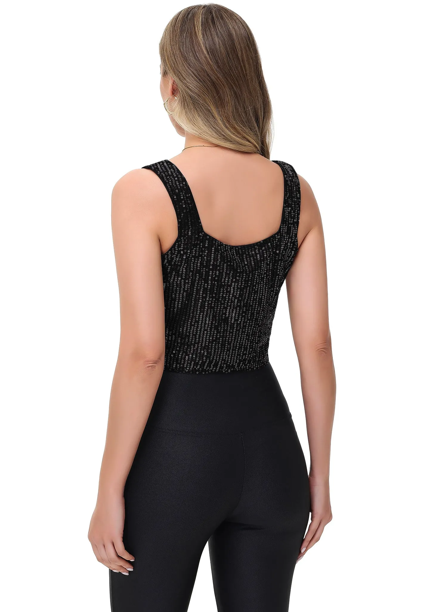 Anna-Kaci Women's Sequin Cropped Tank Top with Wide Straps Square Neckline for Festivals, Parties, Night Out sold by Anna-Kaci product image thumbnail 3