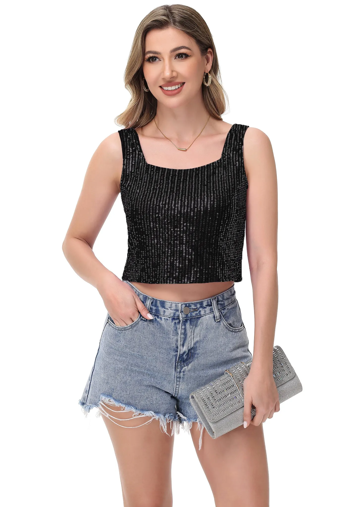 Anna-Kaci Women's Sequin Cropped Tank Top with Wide Straps Square Neckline for Festivals, Parties, Night Out sold by Anna-Kaci product image thumbnail 4