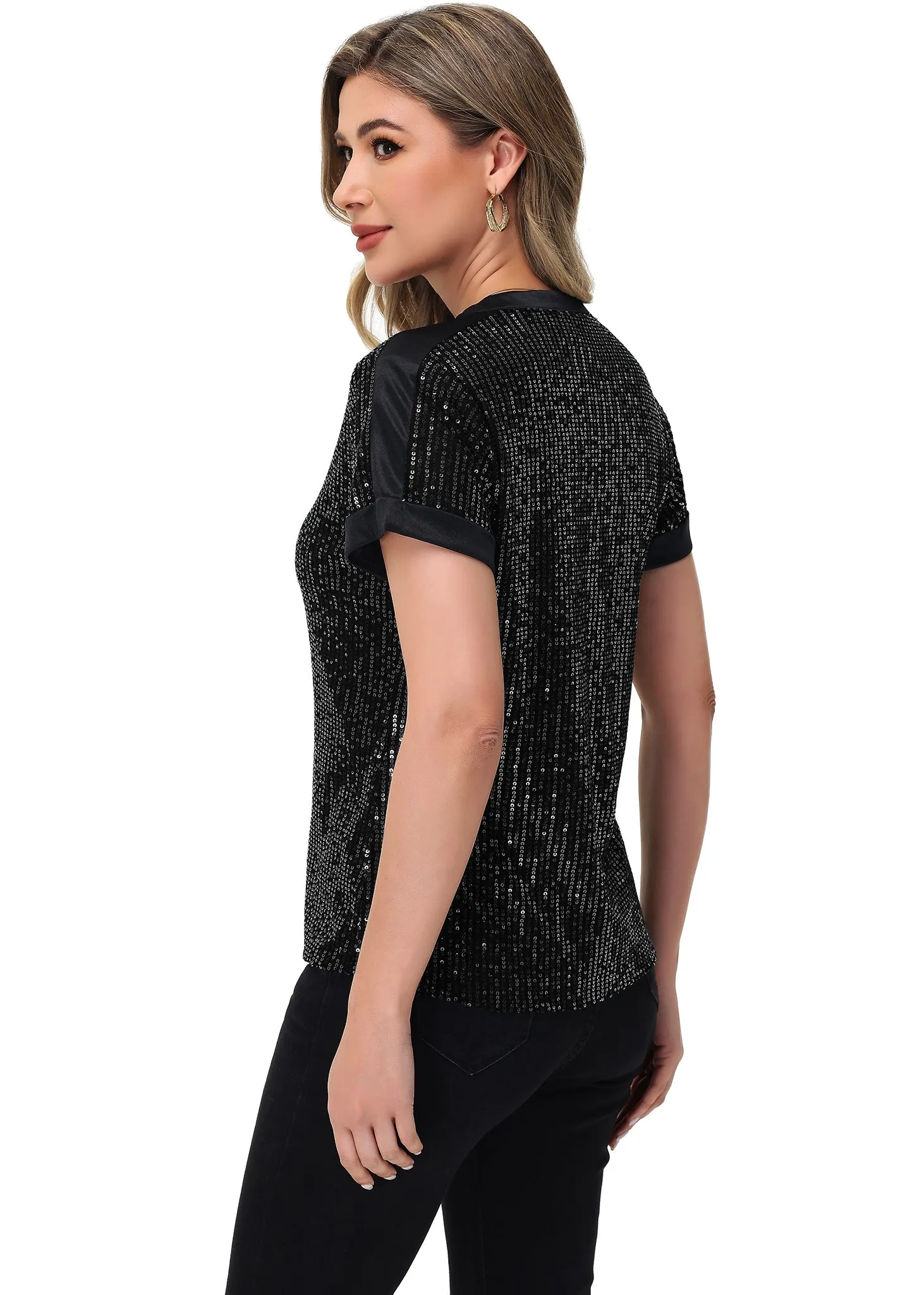 Anna-Kaci Women's Sequin Top Shirt Short Sleeve with Satin V Neckline Glitter Party Tunic Blouse sold by Anna-Kaci product image thumbnail 3