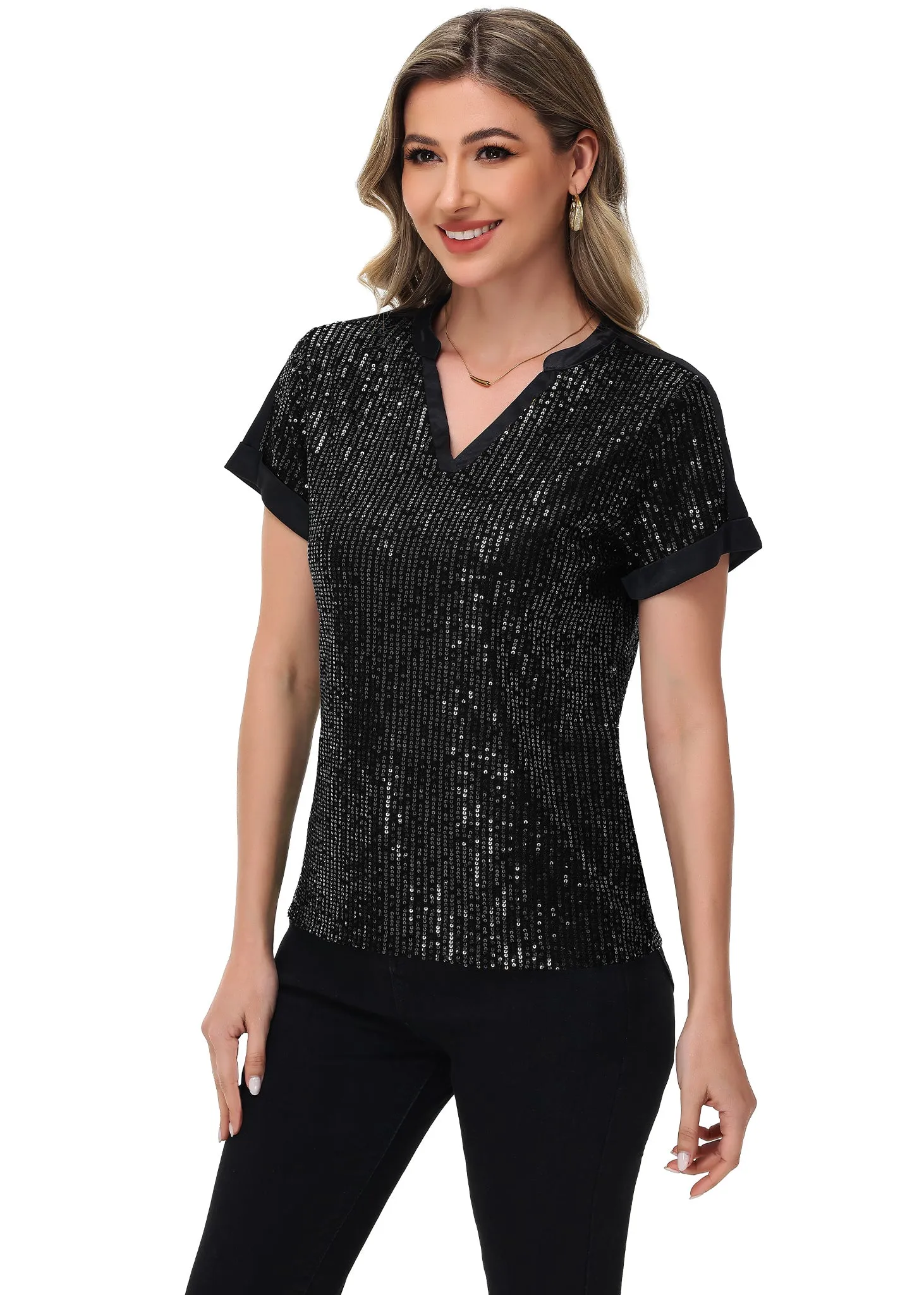 Anna-Kaci Women's Sequin Top Shirt Short Sleeve with Satin V Neckline Glitter Party Tunic Blouse sold by Anna-Kaci product image thumbnail 4