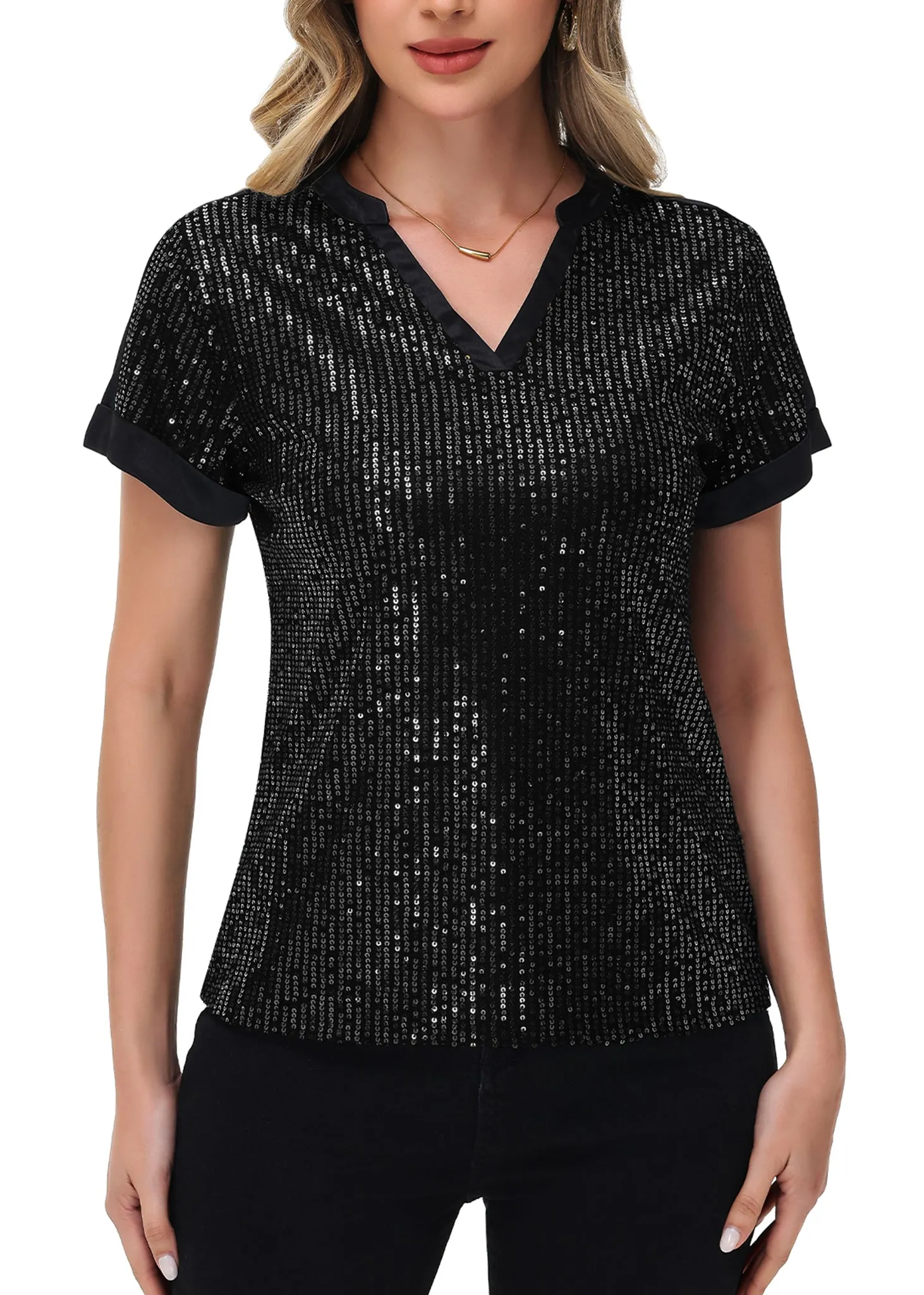 Anna-Kaci Women's Sequin Top Shirt Short Sleeve with Satin V Neckline Glitter Party Tunic Blouse sold by Anna-Kaci