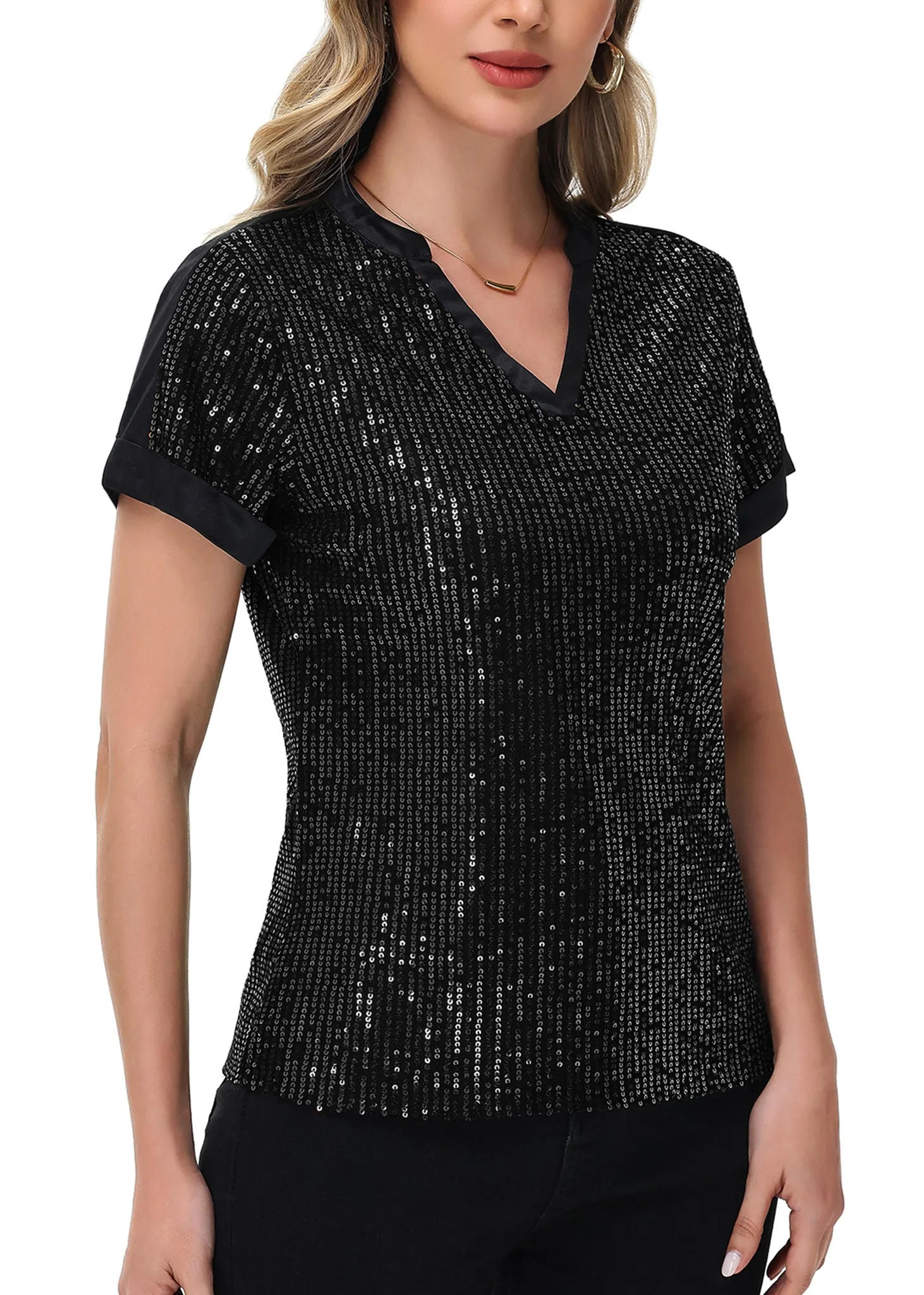 Anna-Kaci Women's Sequin Top Shirt Short Sleeve with Satin V Neckline Glitter Party Tunic Blouse sold by Anna-Kaci product image thumbnail 2