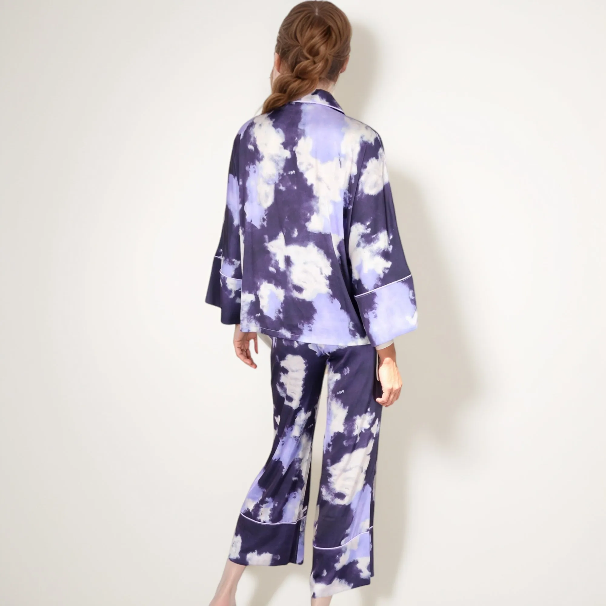 Anna-Kaci Lounge Women's Satin Pajama Set with Cloud Print Long Sleeve Button Top and Wide Leg Pants sold by Anna-Kaci product image thumbnail 5