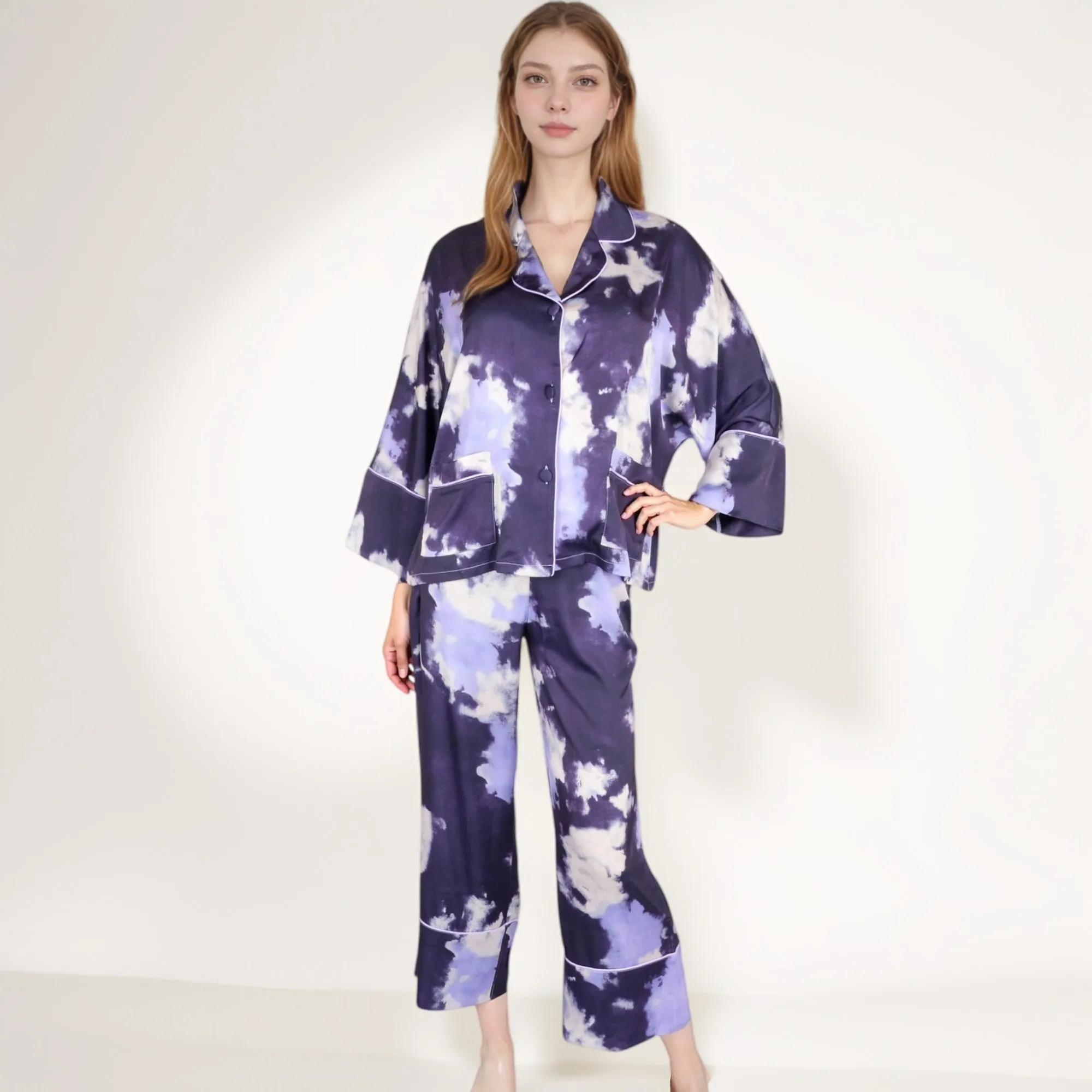 Anna-Kaci Lounge Women's Satin Pajama Set with Cloud Print Long Sleeve Button Top and Wide Leg Pants sold by Anna-Kaci product image thumbnail 2