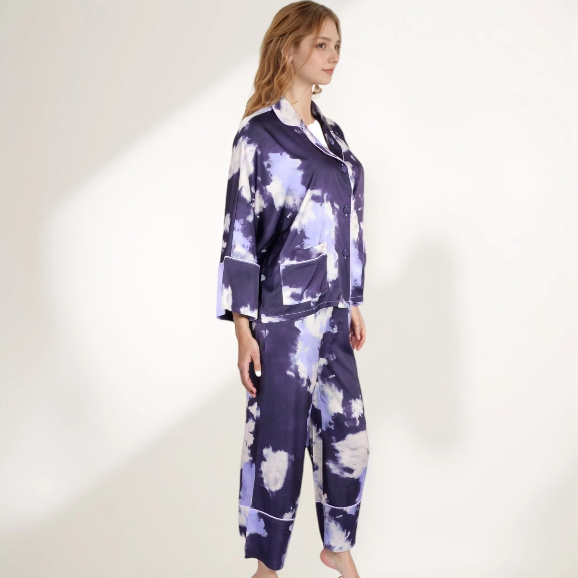 Anna-Kaci Lounge Women's Satin Pajama Set with Cloud Print Long Sleeve Button Top and Wide Leg Pants sold by Anna-Kaci product image thumbnail 3