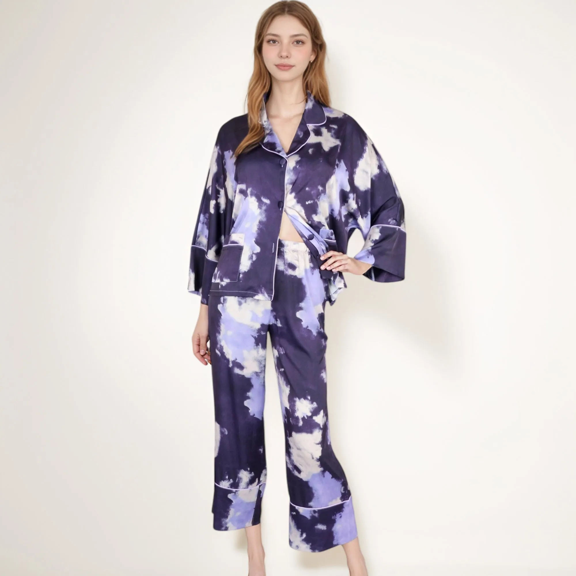 Anna-Kaci Lounge Women's Satin Pajama Set with Cloud Print Long Sleeve Button Top and Wide Leg Pants sold by Anna-Kaci product image thumbnail 4