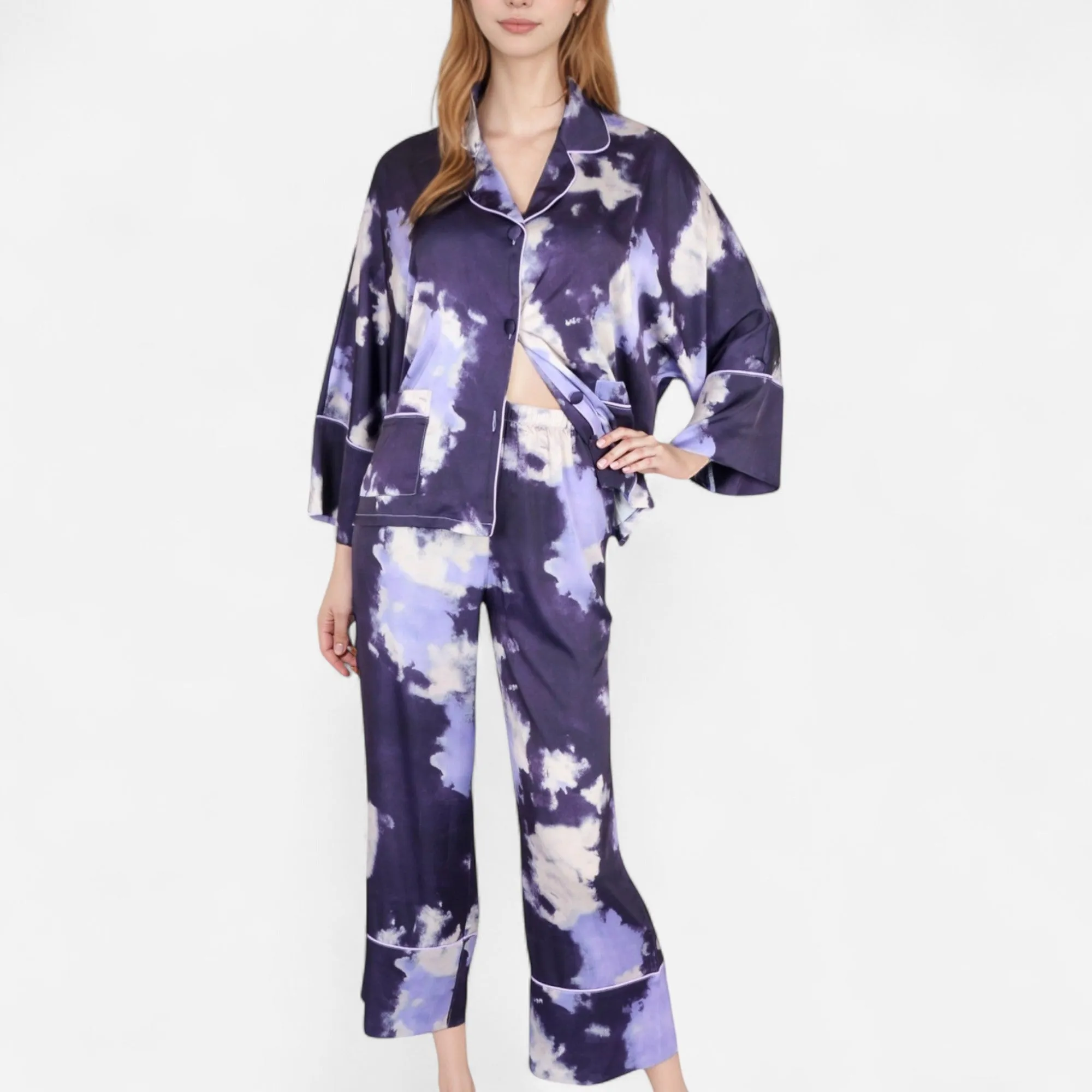 Anna-Kaci Lounge Women's Satin Pajama Set with Cloud Print Long Sleeve Button Top and Wide Leg Pants sold by Anna-Kaci