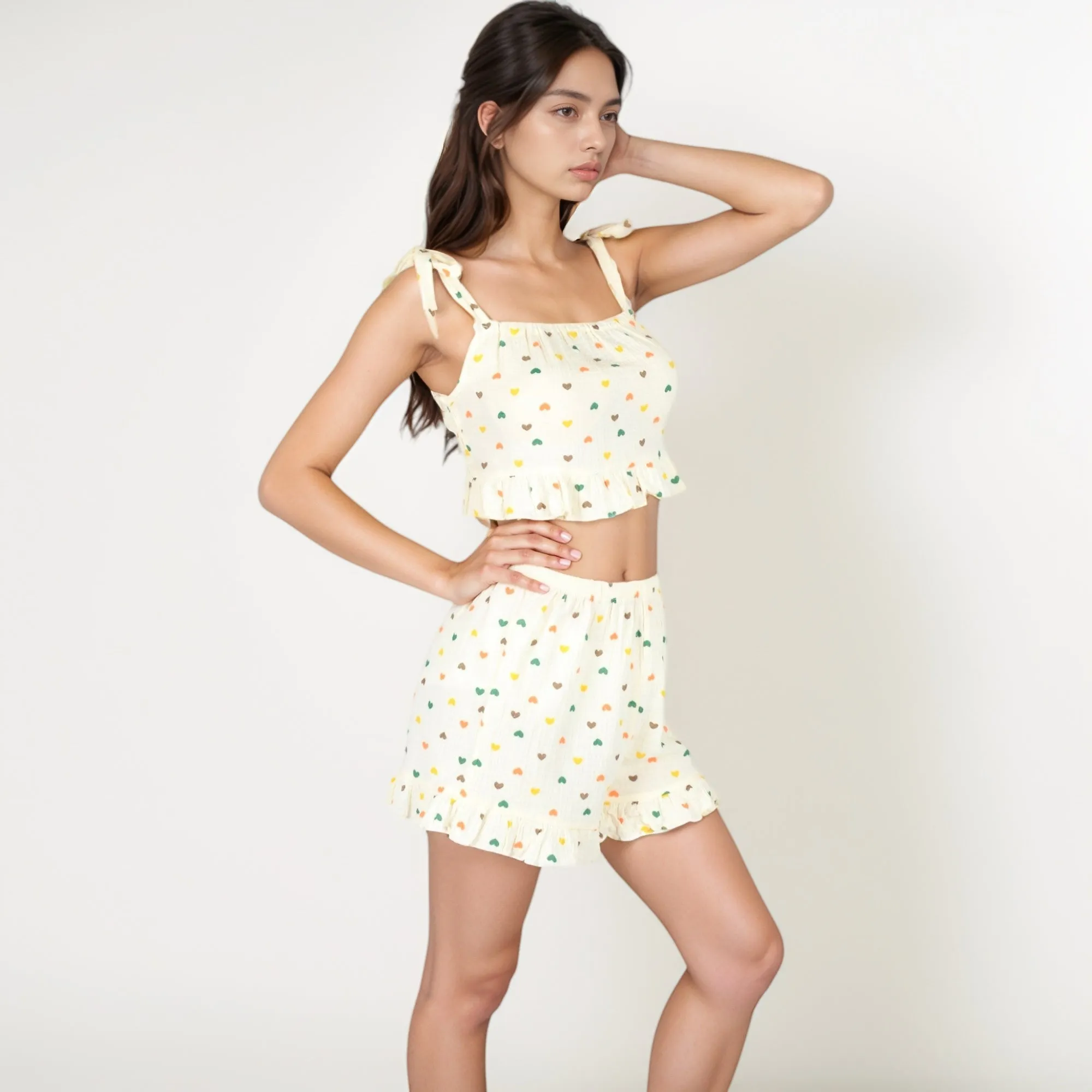 Anna-Kaci Lounge Women's Ruffle Hem Pajama Set with Tie Strap Crop Top and Multicolor Heart Print sold by Anna-Kaci product image thumbnail 3