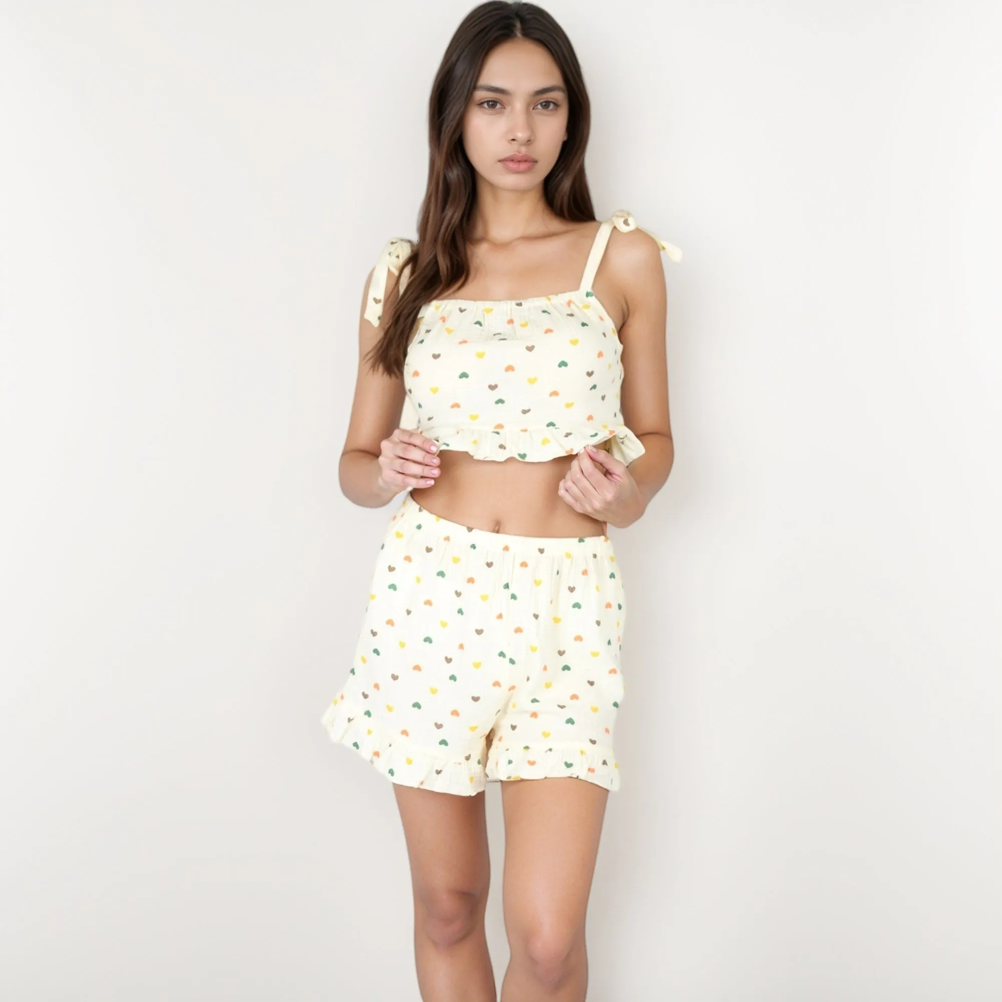 Anna-Kaci Lounge Women's Ruffle Hem Pajama Set with Tie Strap Crop Top and Multicolor Heart Print sold by Anna-Kaci product image thumbnail 4