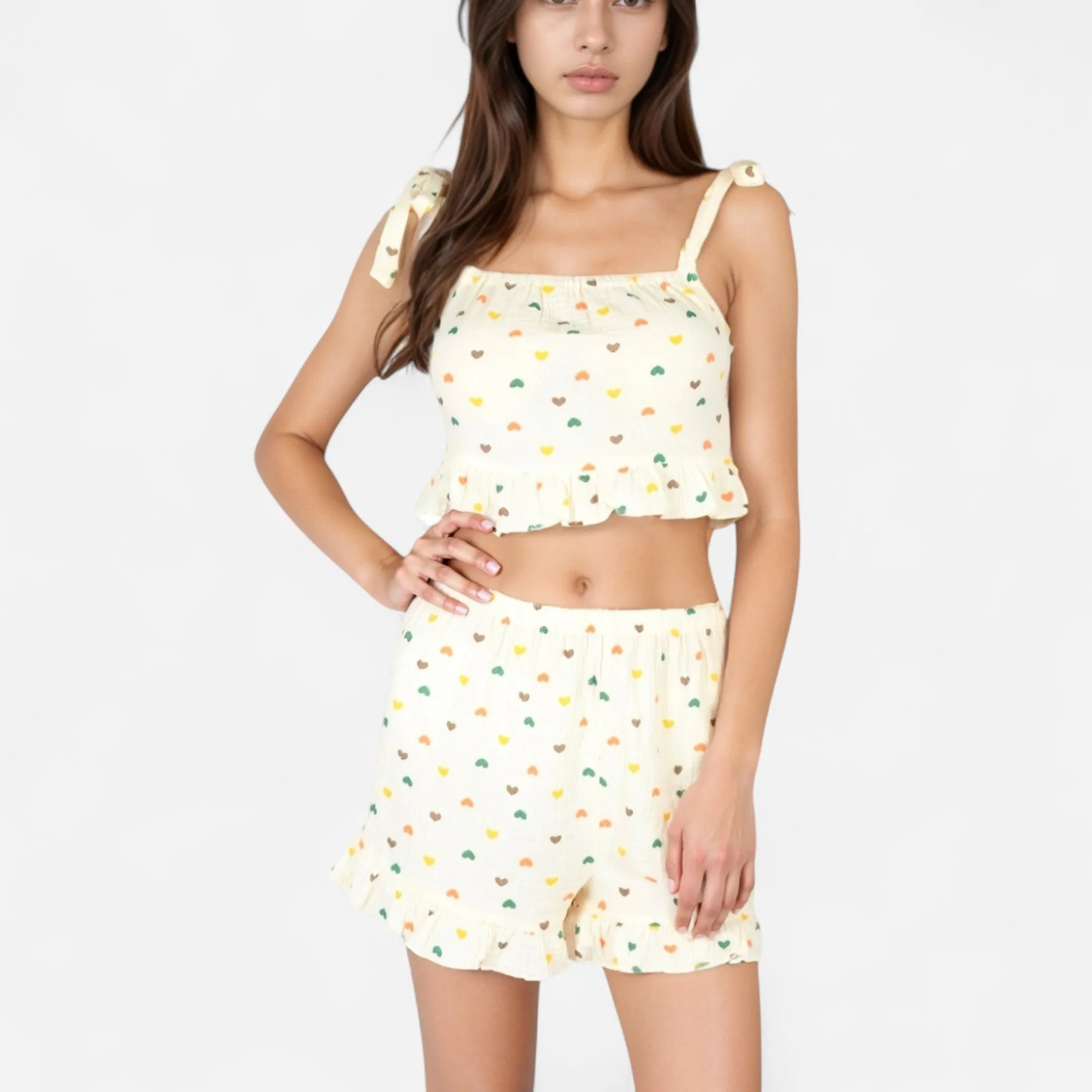 Anna-Kaci Lounge Women's Ruffle Hem Pajama Set with Tie Strap Crop Top and Multicolor Heart Print sold by Anna-Kaci