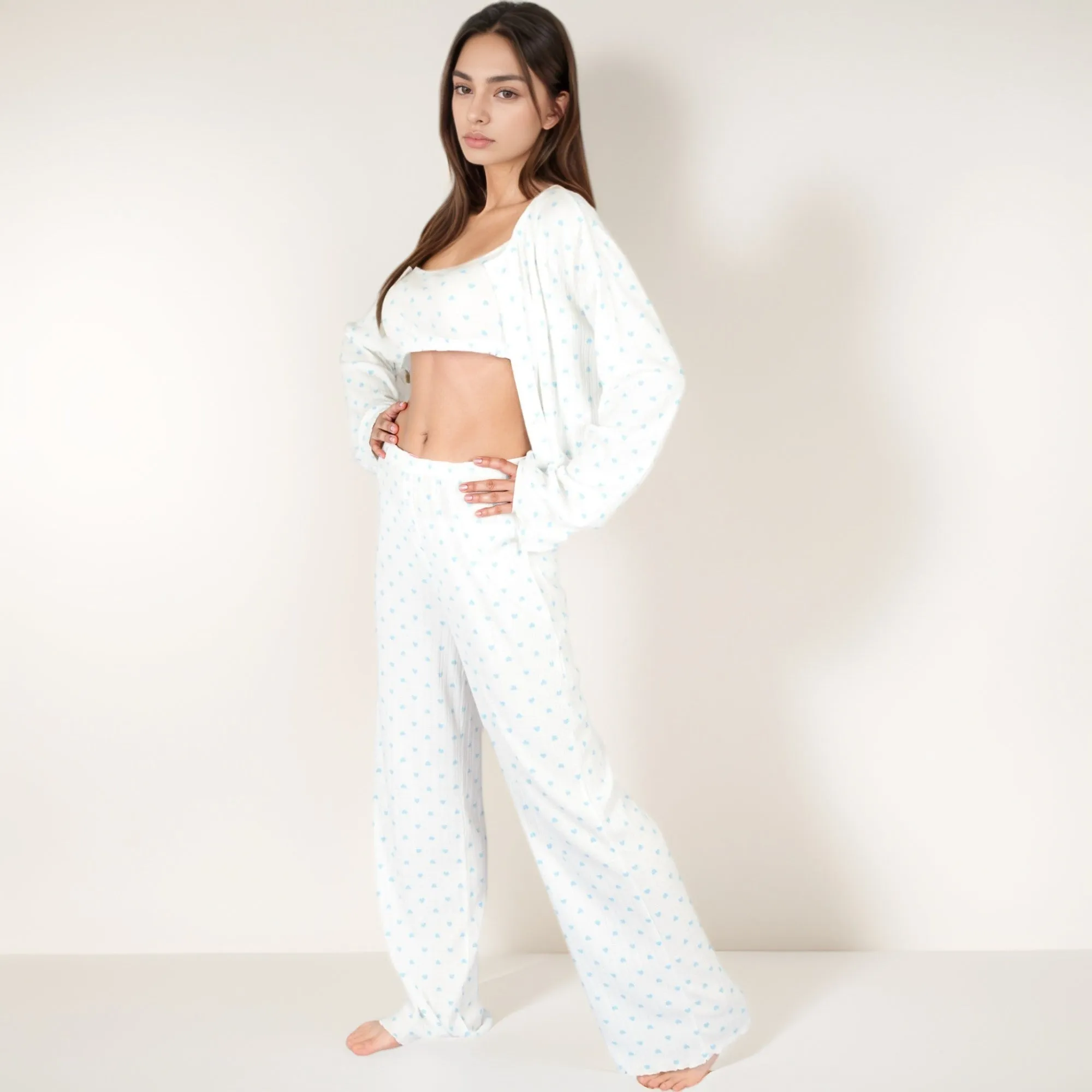 Anna-Kaci Lounge Women's Heart Print Long Sleeve Cropped Top and Wide Leg Pajama Pants Lounge Set sold by Anna-Kaci product image thumbnail 3