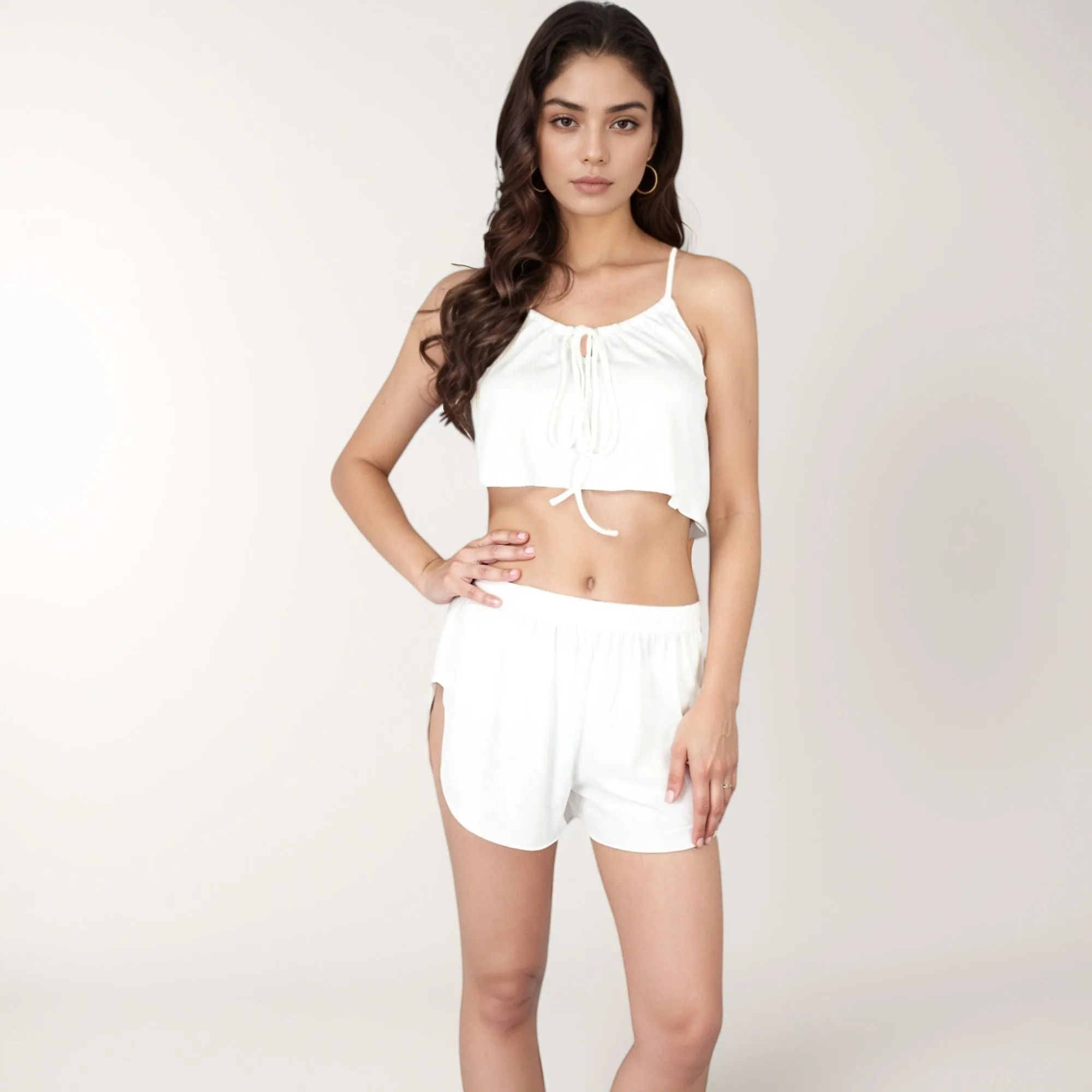 Anna-Kaci Lounge Women's Ribbed Knit Crop Top and Shorts Set with Adjustable Tie Front and Side Slit Hem Shorts sold by Anna-Kaci product image thumbnail 3