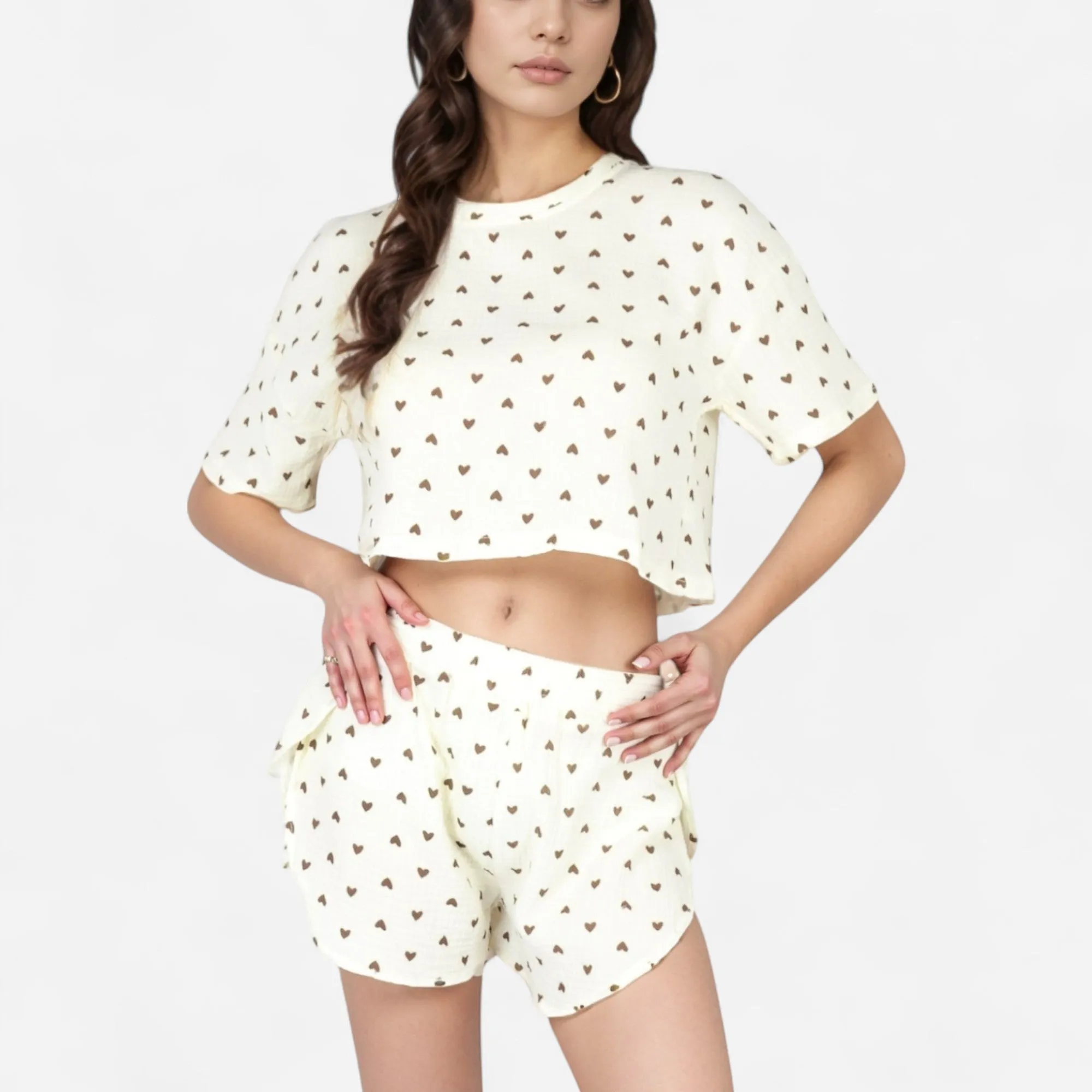 Anna-Kaci Lounge Women's Heart Print Waffle Knit Sleepwear Set with Cropped Tee and Elastic Waist Shorts sold by Anna-Kaci