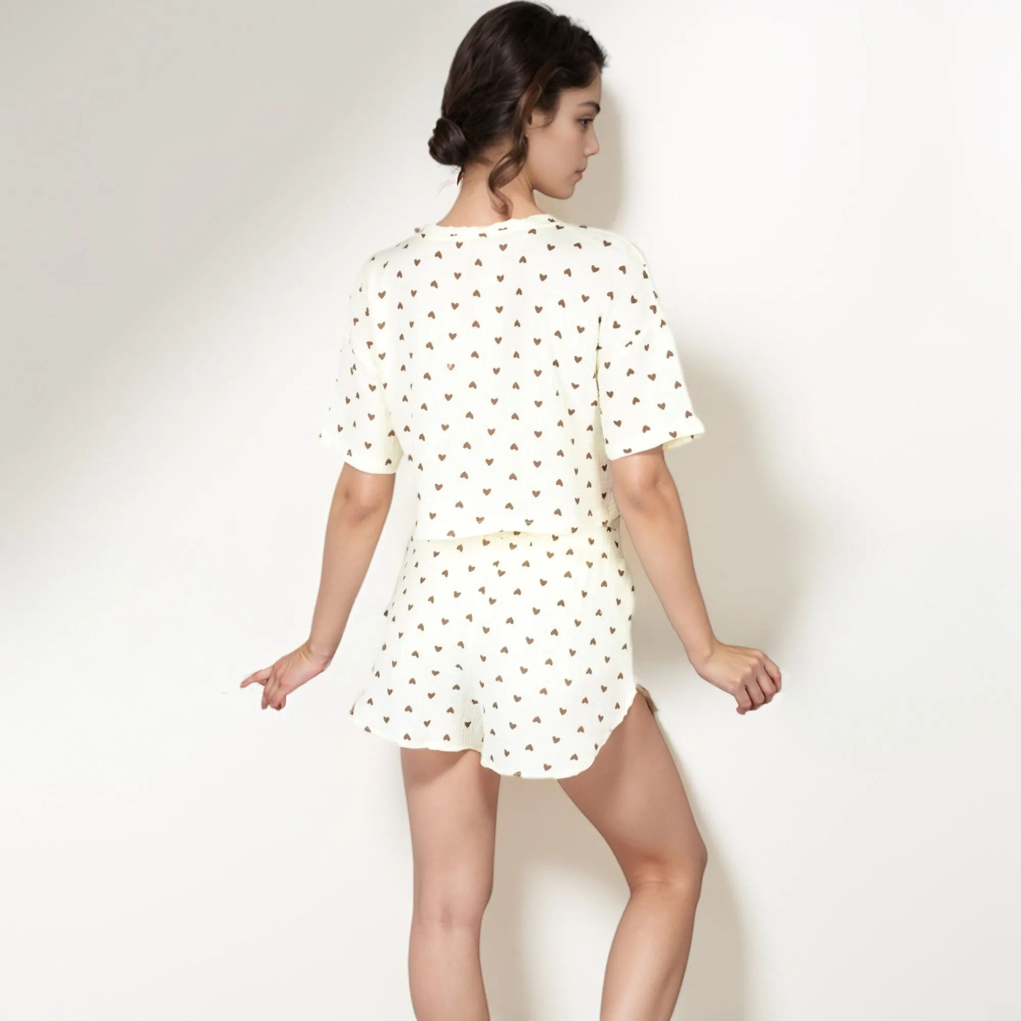 Anna-Kaci Lounge Women's Heart Print Waffle Knit Sleepwear Set with Cropped Tee and Elastic Waist Shorts sold by Anna-Kaci product image thumbnail 5