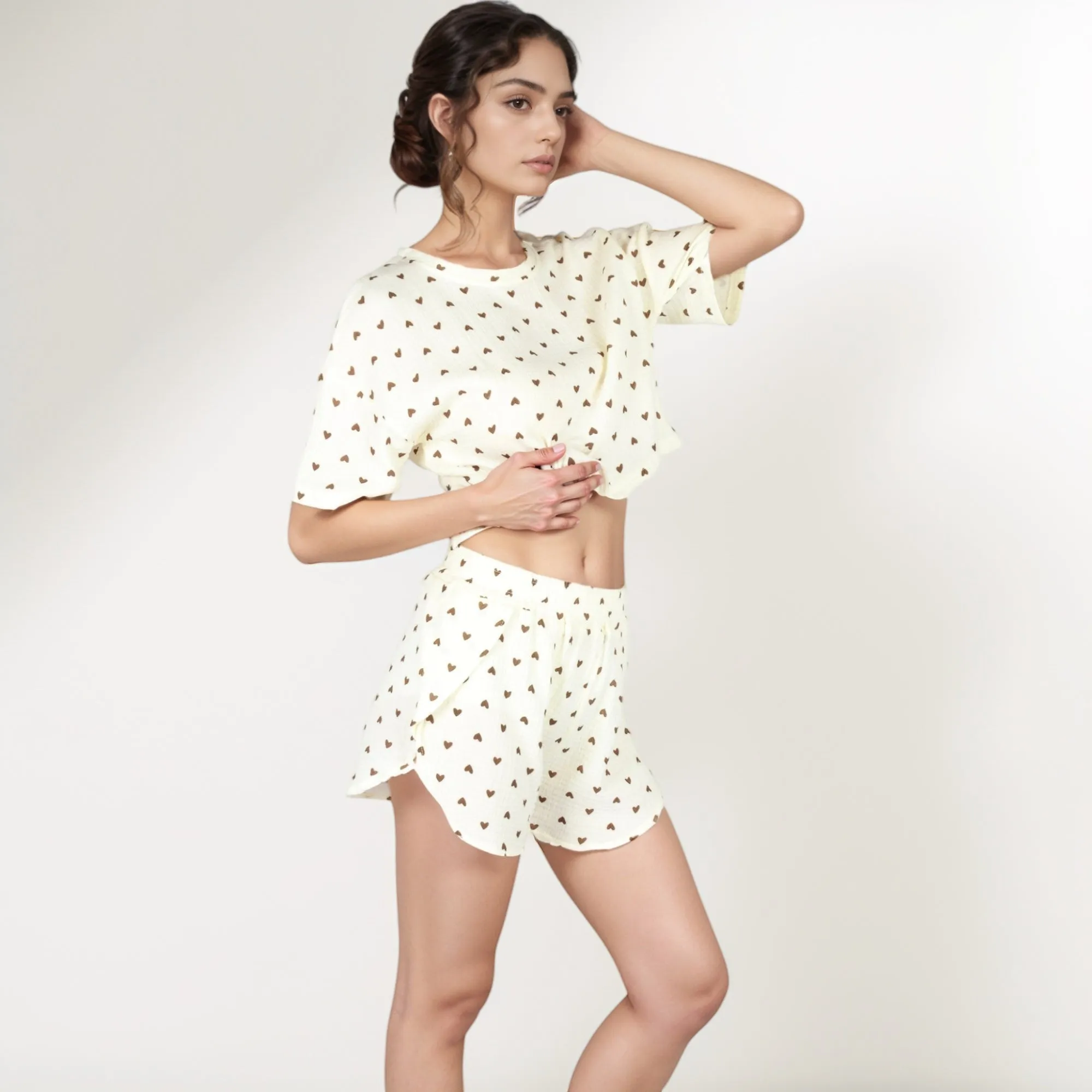 Anna-Kaci Lounge Women's Heart Print Waffle Knit Sleepwear Set with Cropped Tee and Elastic Waist Shorts sold by Anna-Kaci product image thumbnail 3