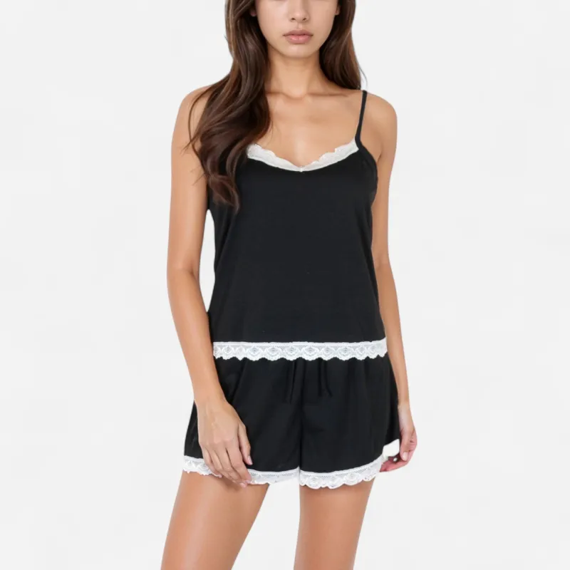 Anna-Kaci Lounge Women's Black Sleepwear Cami and Shorts Set with White Lace Trim Details sold by Anna-Kaci