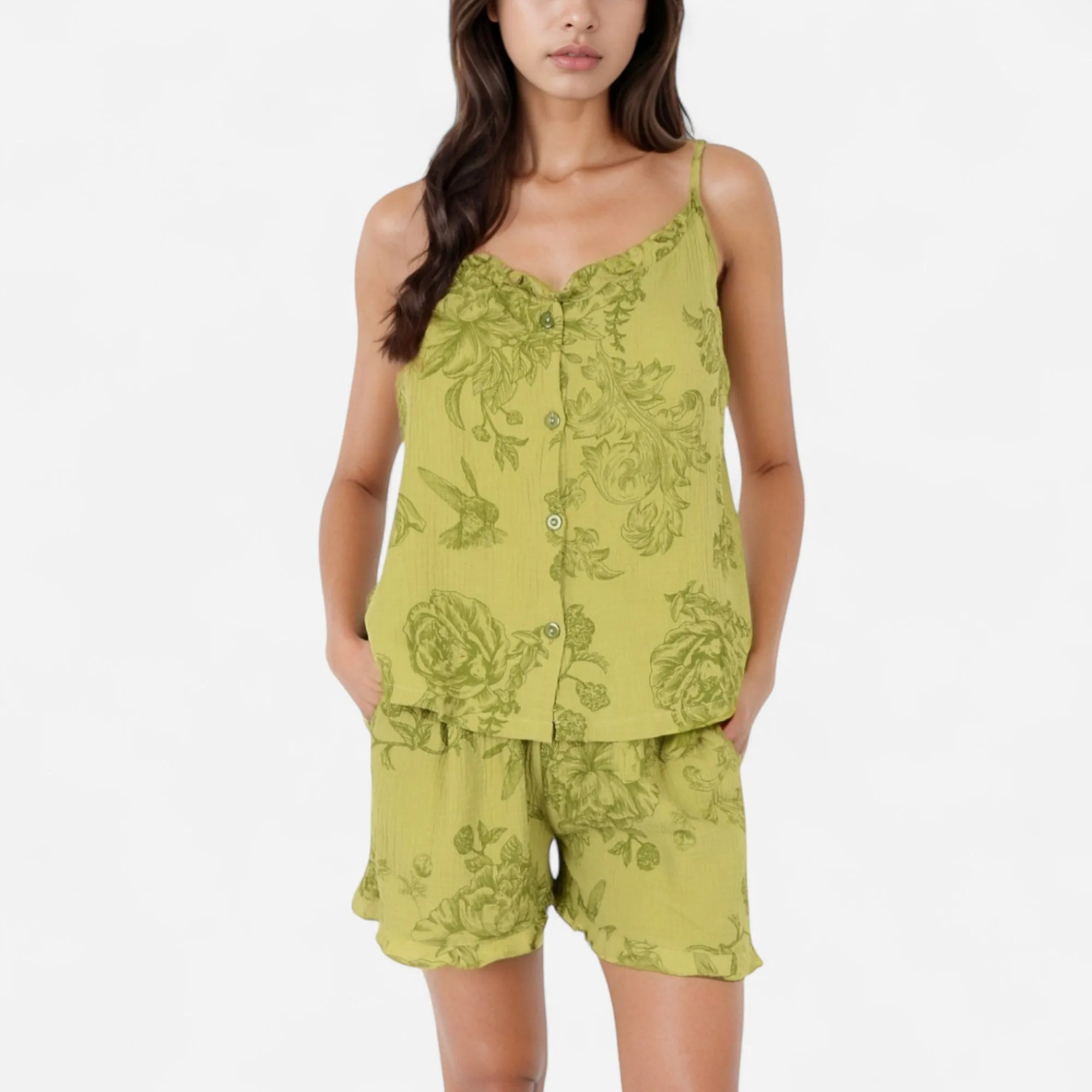 Anna-Kaci Lounge Women's Printed Sleepwear Set with Button-Front Tank Top and Ruffled Hem Shorts sold by Anna-Kaci