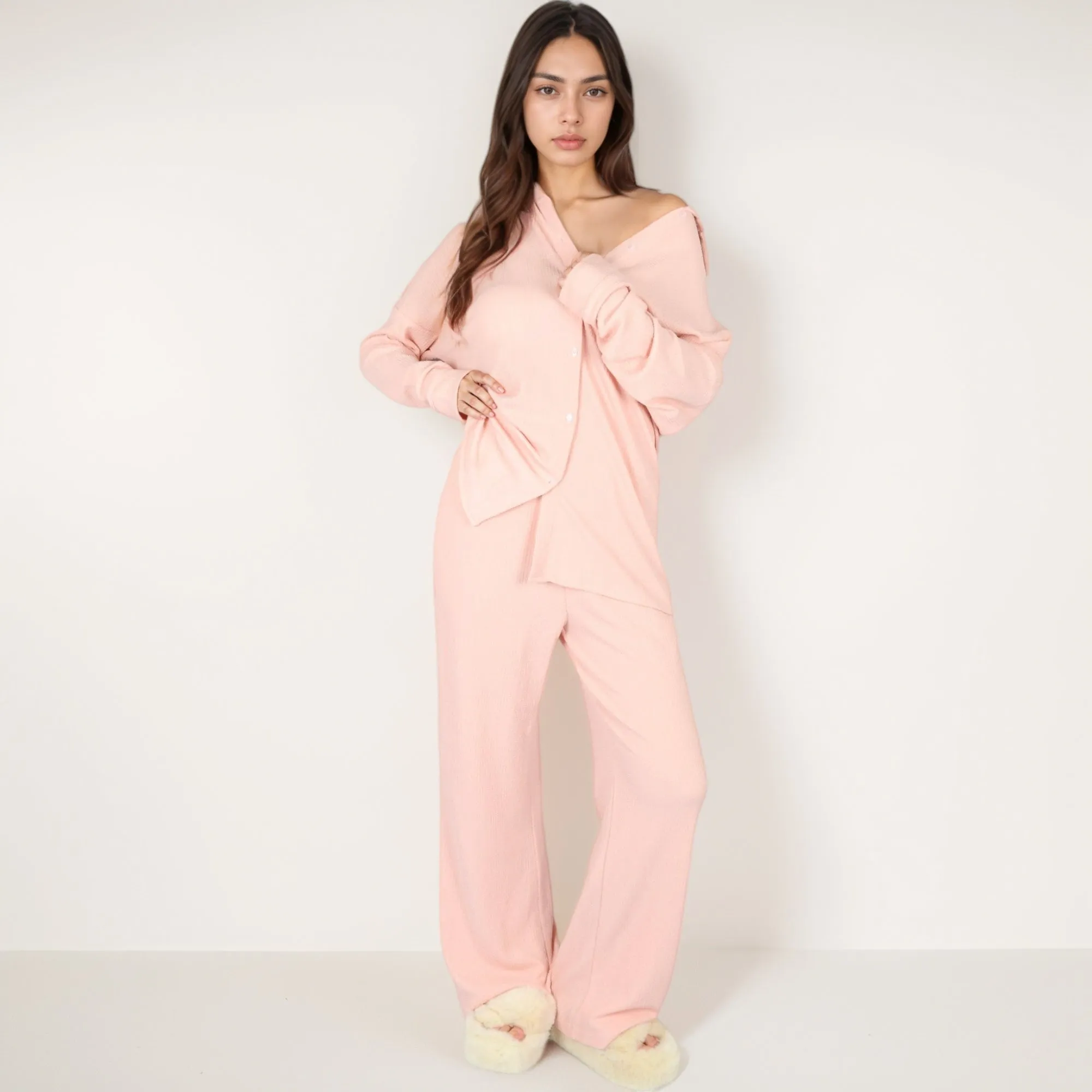 Anna-Kaci Lounge Women's Waffle Knit Pajama Set with Long Sleeve Button Down Top and Relaxed Fit Pants sold by Anna-Kaci product image thumbnail 4