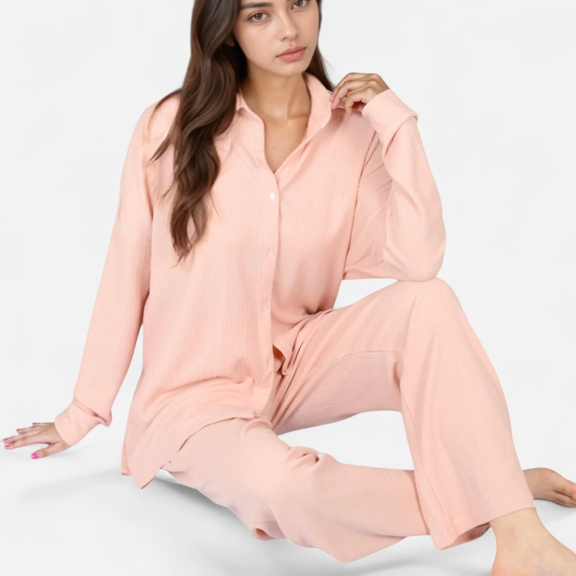 Anna-Kaci Lounge Women's Waffle Knit Pajama Set with Long Sleeve Button Down Top and Relaxed Fit Pants sold by Anna-Kaci