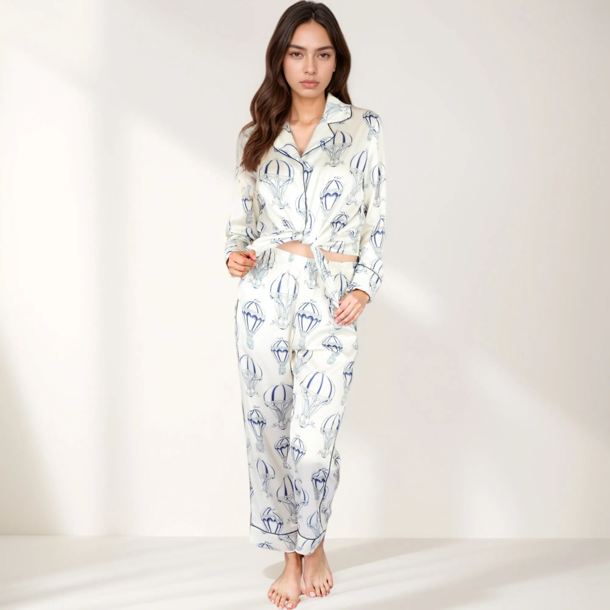 Anna-Kaci Lounge Women's Hot Air Balloon Print Pajama Set with Long Sleeve Button-Down Top and Cropped Pants sold by Anna-Kaci product image thumbnail 4