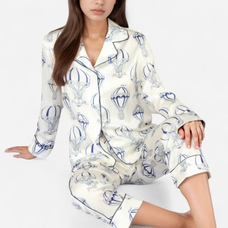 Anna-Kaci Lounge Women's Hot Air Balloon Print Pajama Set with Long Sleeve Button-Down Top and Cropped Pants sold by Anna-Kaci