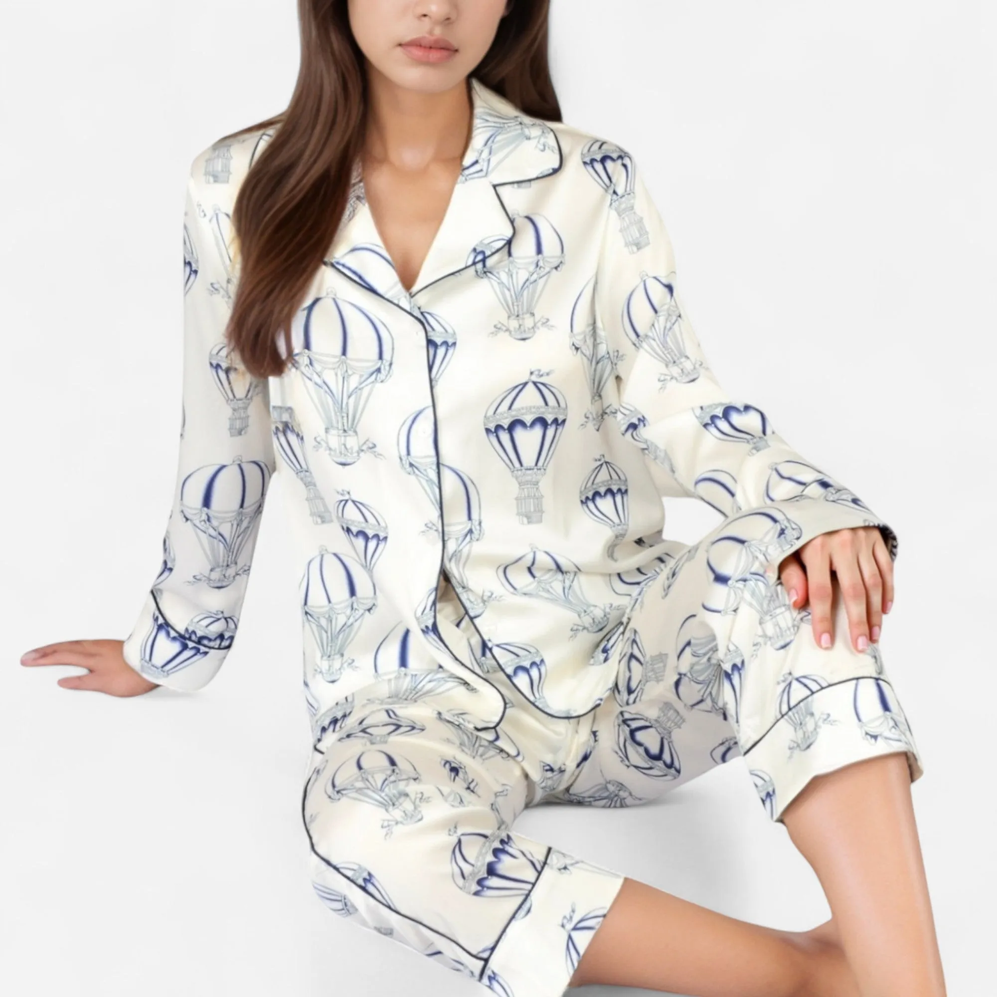 Anna-Kaci Lounge Women's Hot Air Balloon Print Pajama Set with Long Sleeve Button-Down Top and Cropped Pants sold by Anna-Kaci