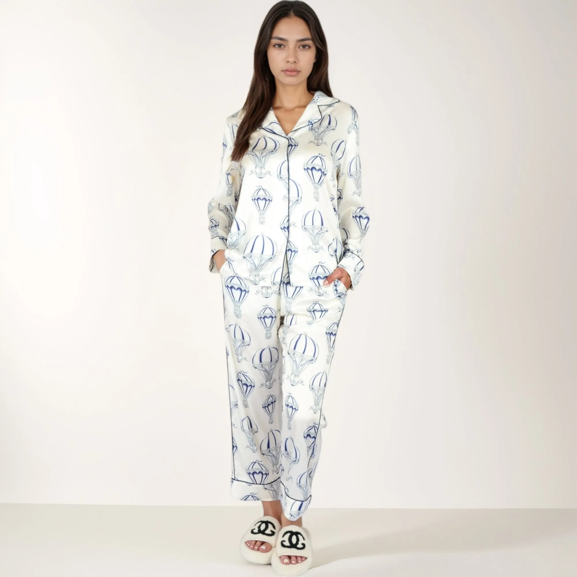 Anna-Kaci Lounge Women's Hot Air Balloon Print Pajama Set with Long Sleeve Button-Down Top and Cropped Pants sold by Anna-Kaci product image thumbnail 2