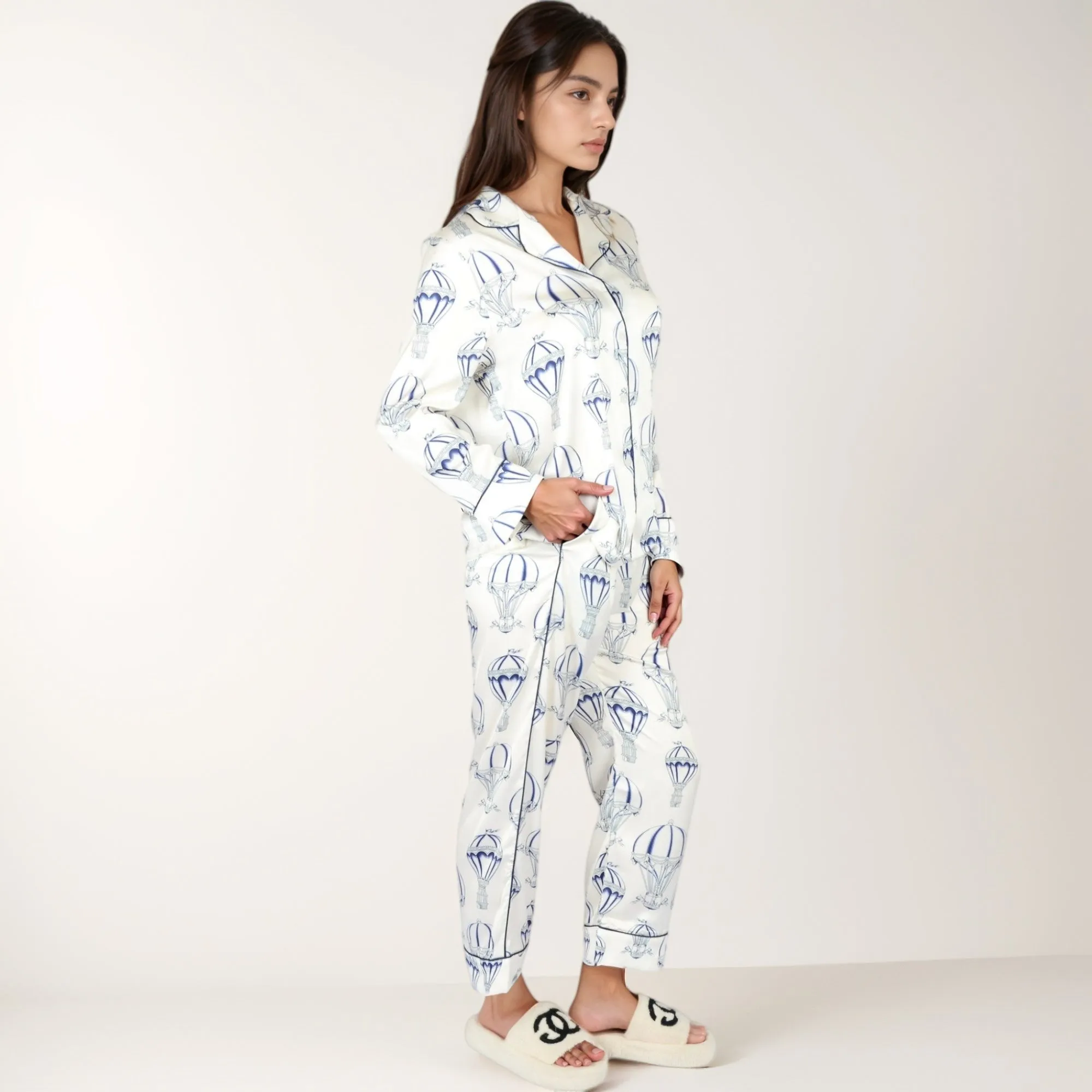 Anna-Kaci Lounge Women's Hot Air Balloon Print Pajama Set with Long Sleeve Button-Down Top and Cropped Pants sold by Anna-Kaci product image thumbnail 3