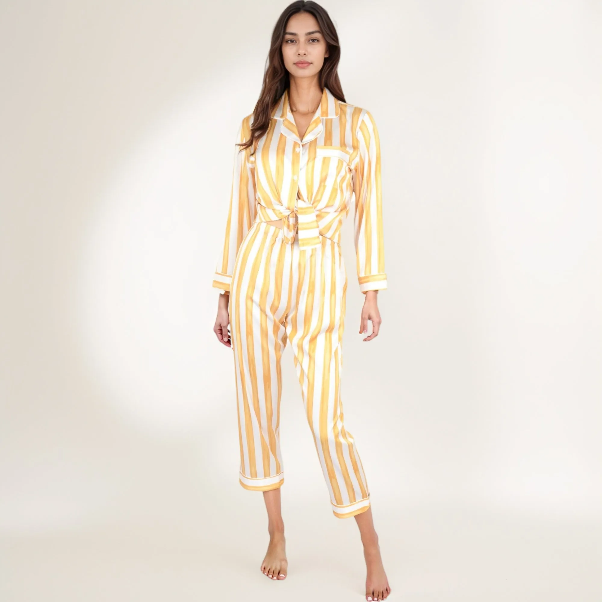 Anna-Kaci Lounge Women's Striped Satin Pajama Set with Long Sleeve Button Top and Cropped Pants sold by Anna-Kaci product image thumbnail 4