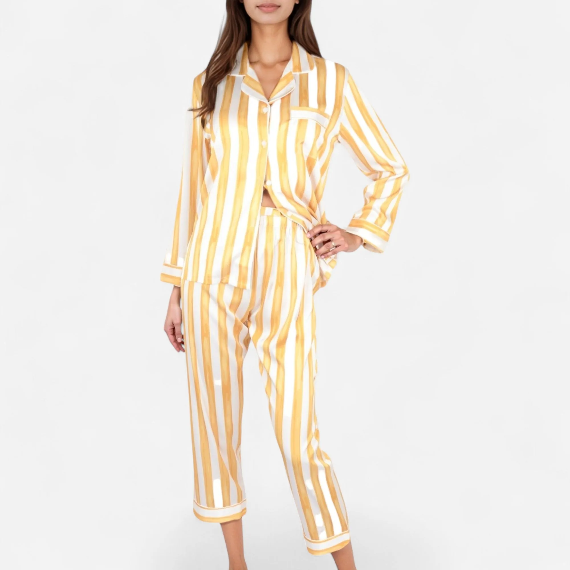 Anna-Kaci Lounge Women's Striped Satin Pajama Set with Long Sleeve Button Top and Cropped Pants sold by Anna-Kaci