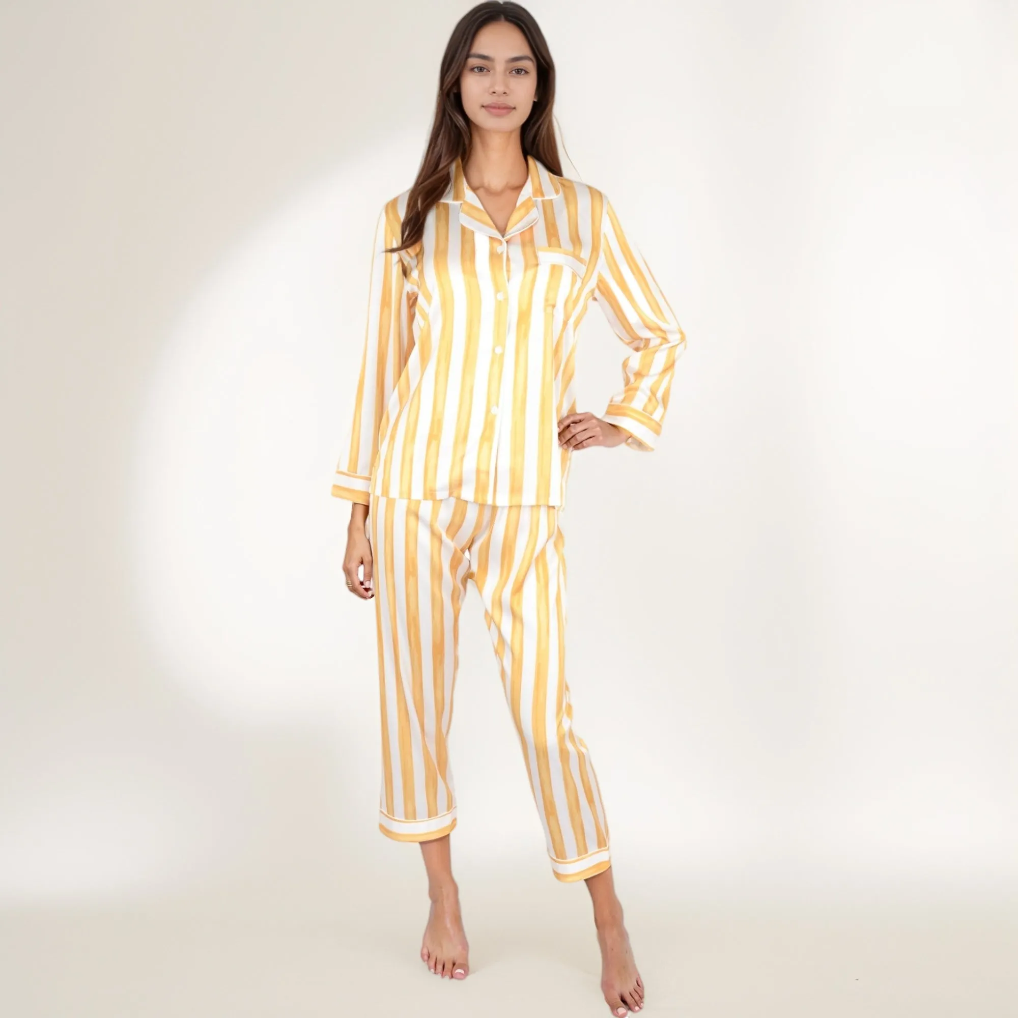 Anna-Kaci Lounge Women's Striped Satin Pajama Set with Long Sleeve Button Top and Cropped Pants sold by Anna-Kaci product image thumbnail 2