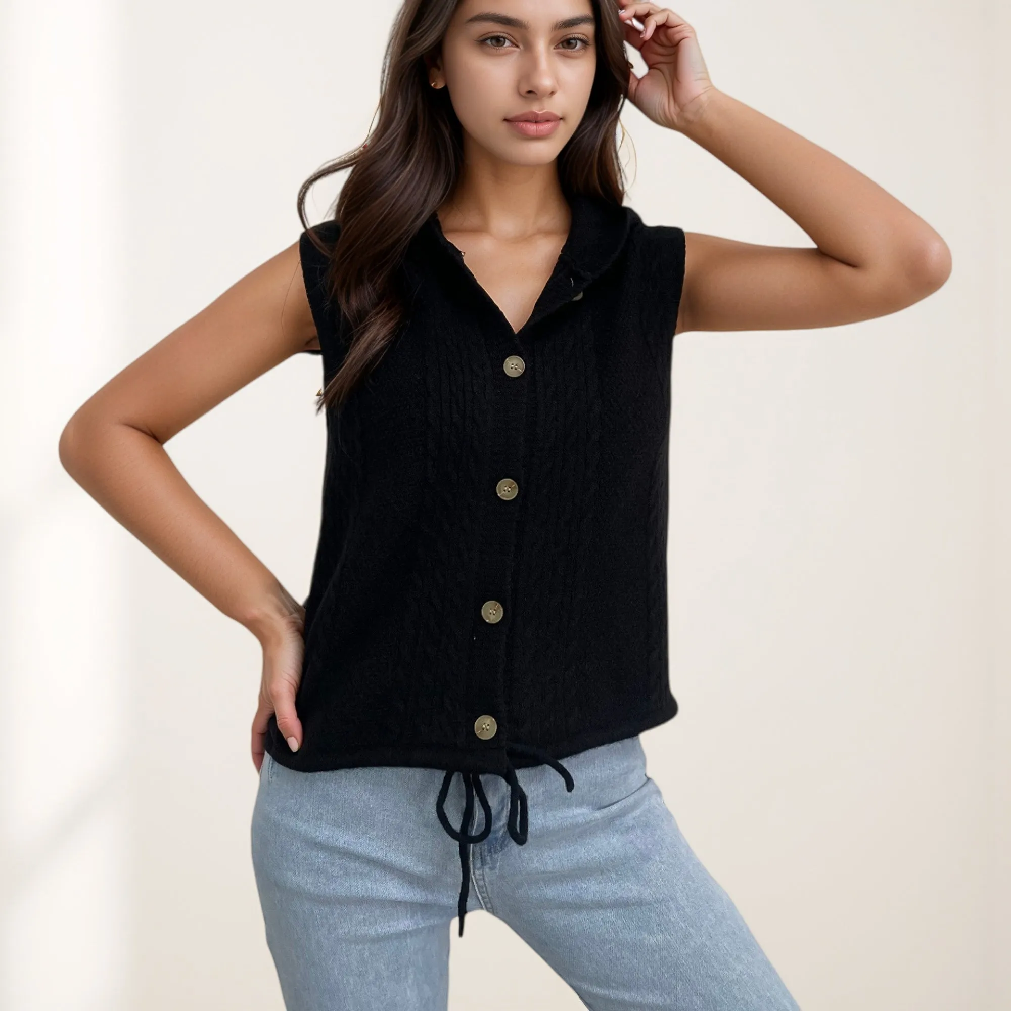 Anna-Kaci Women's Hooded Knit Button Down Vest with Drawstring Hem and Textured Cable Pattern sold by Anna-Kaci product image thumbnail 3