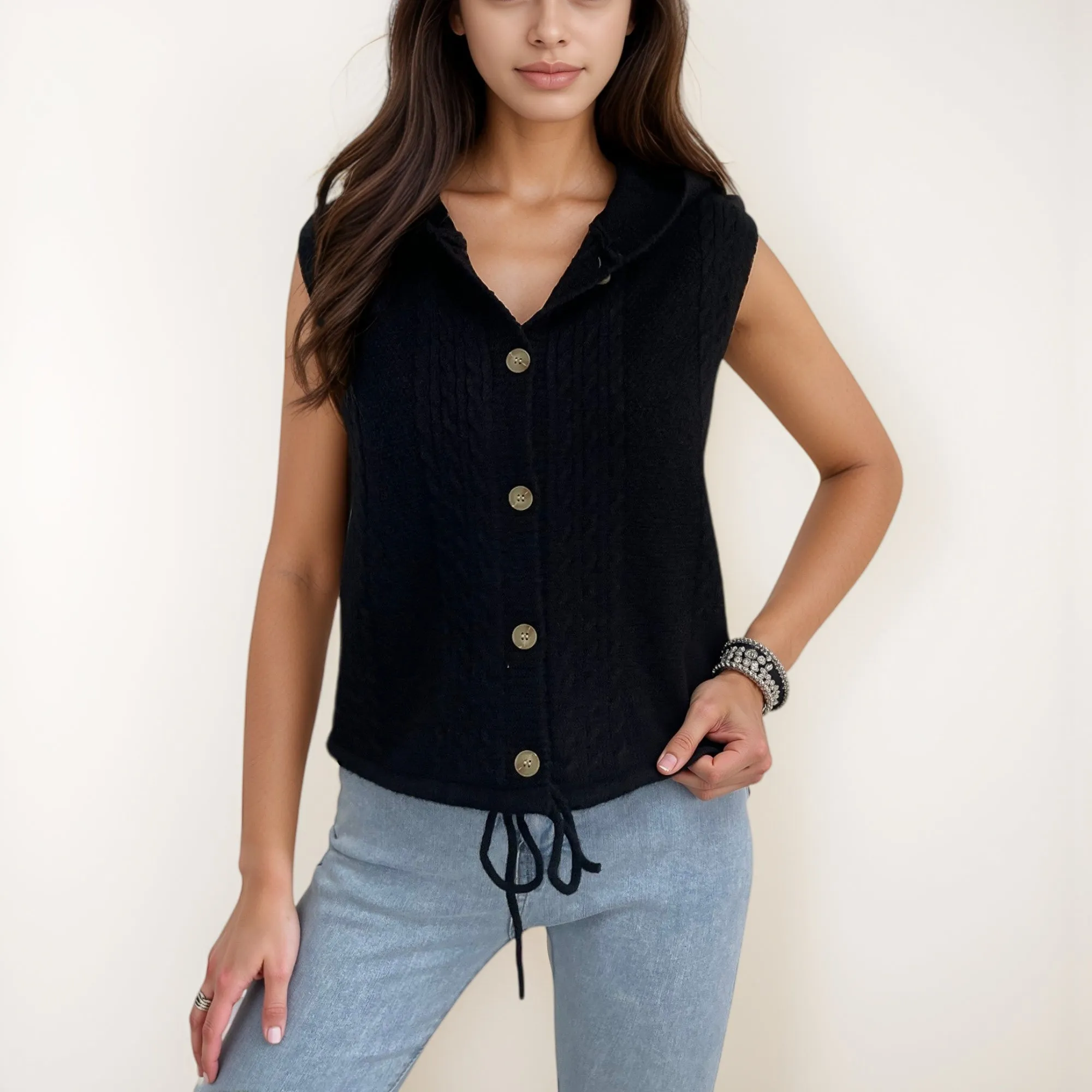Anna-Kaci Women's Hooded Knit Button Down Vest with Drawstring Hem and Textured Cable Pattern sold by Anna-Kaci product image thumbnail 4