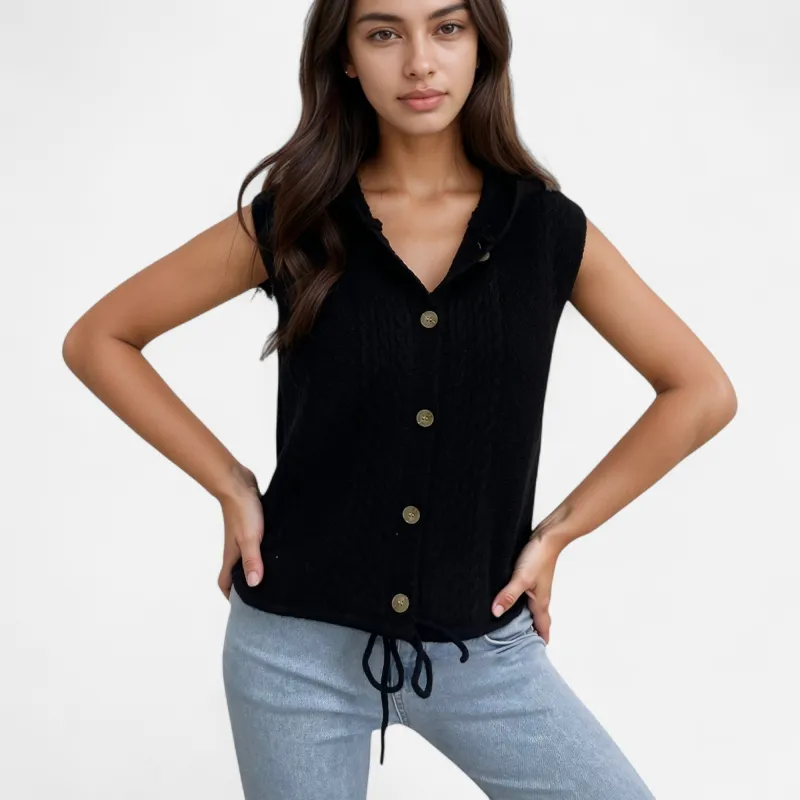 Anna-Kaci Women's Hooded Knit Button Down Vest with Drawstring Hem and Textured Cable Pattern made by Anna-Kaci