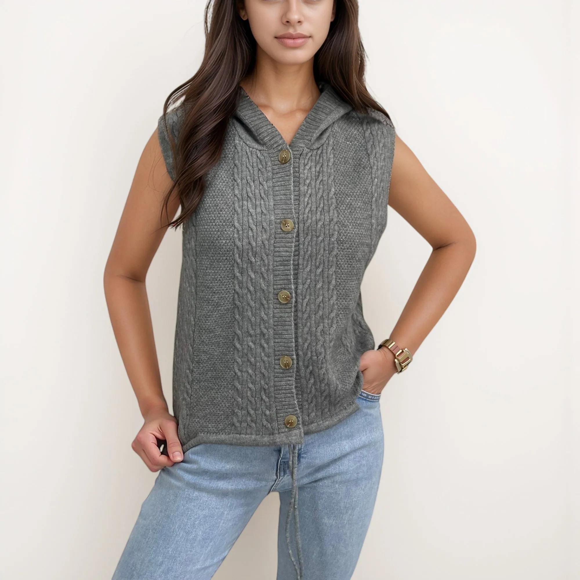 Anna-Kaci Women's Hooded Knit Button Down Vest with Drawstring Hem and Textured Cable Pattern sold by Anna-Kaci product image thumbnail 5