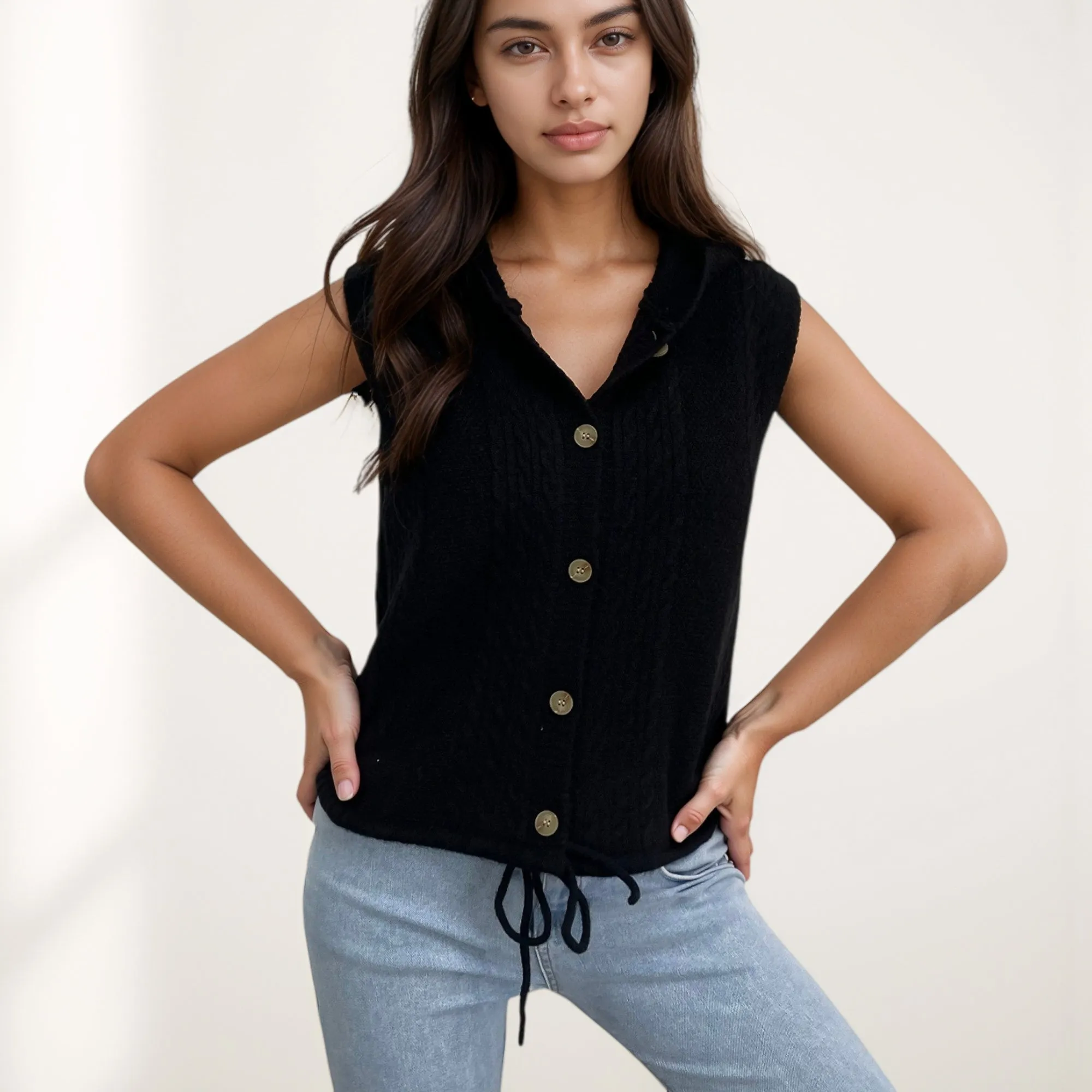 Anna-Kaci Women's Hooded Knit Button Down Vest with Drawstring Hem and Textured Cable Pattern sold by Anna-Kaci product image thumbnail 2