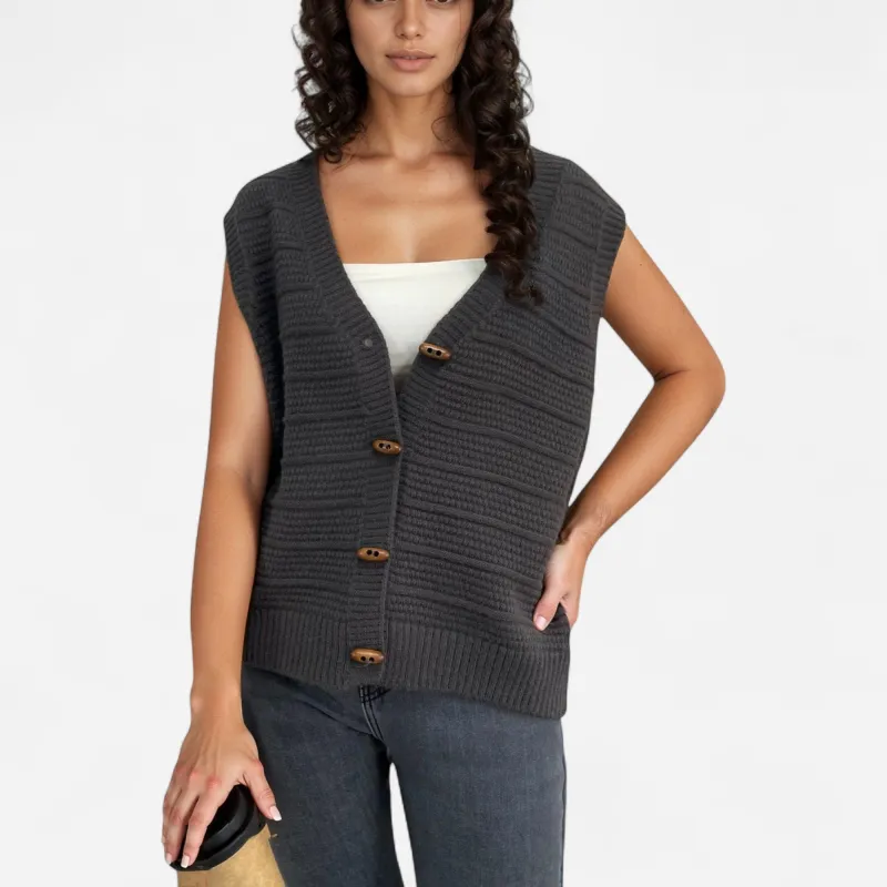 Anna-Kaci Women's Sleeveless Knit Button Down Vest with Ribbed Hem and Wooden Button Details sold by Anna-Kaci