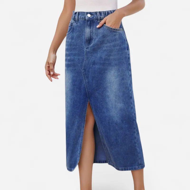 Anna-Kaci Women's High Waist Denim Midi Skirt with Front Slit Detail and Faded Wash Finish sold by Anna-Kaci