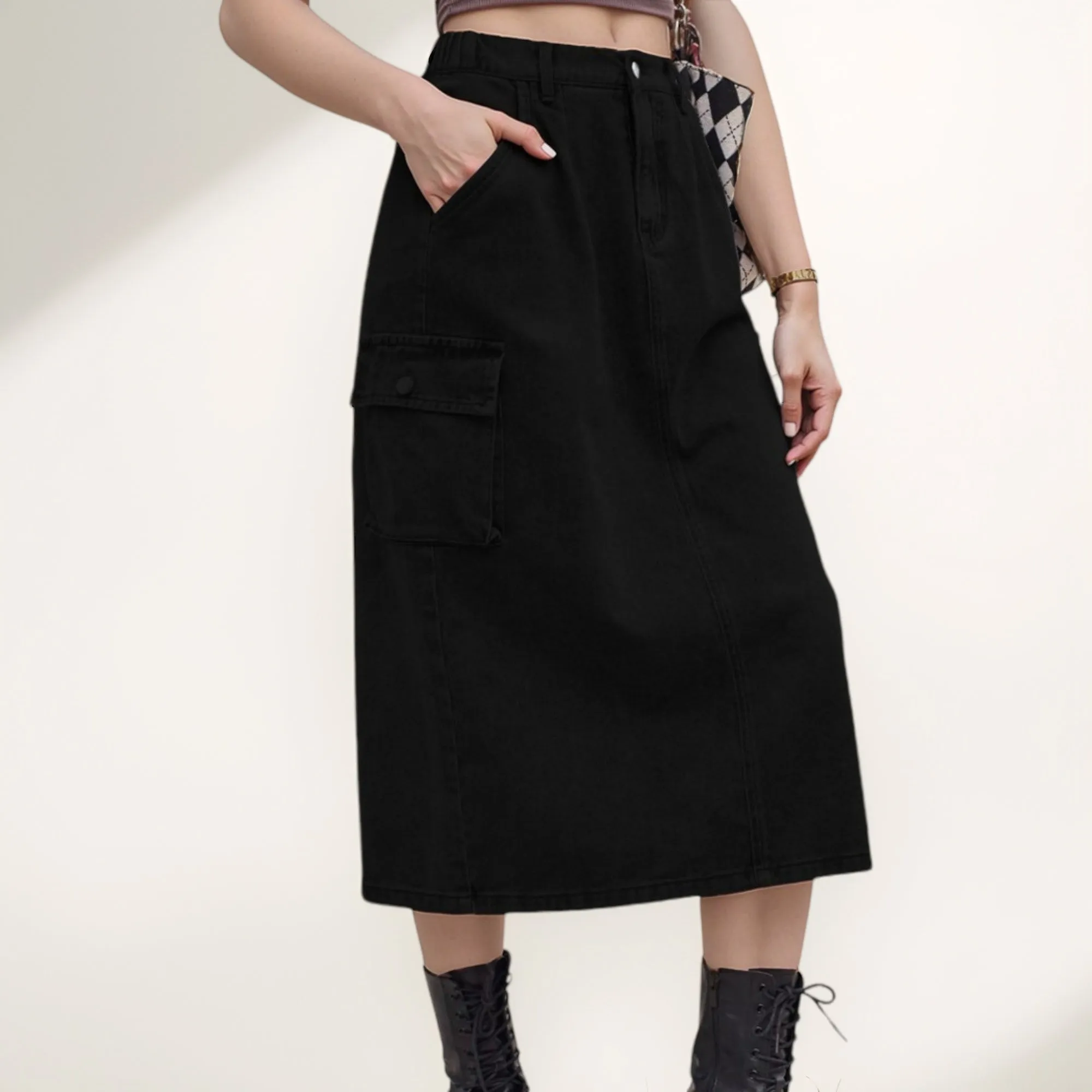 Anna-Kaci Women's Utility Midi Skirt with Side Cargo Pockets Button Waistband and Belt Loops sold by Anna-Kaci product image thumbnail 3