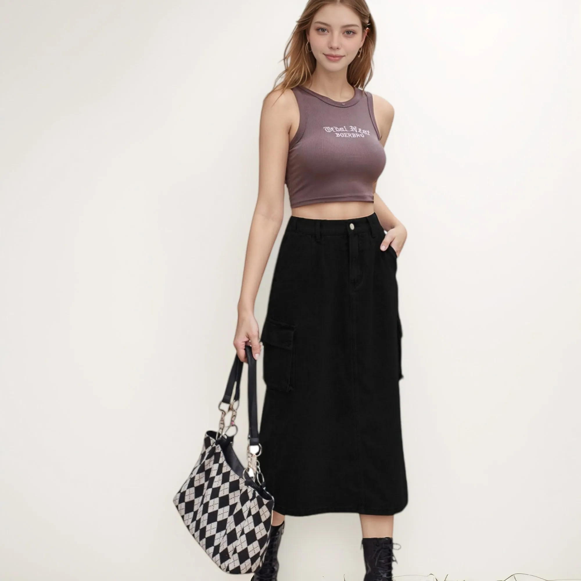 Anna-Kaci Women's Utility Midi Skirt with Side Cargo Pockets Button Waistband and Belt Loops sold by Anna-Kaci product image thumbnail 4