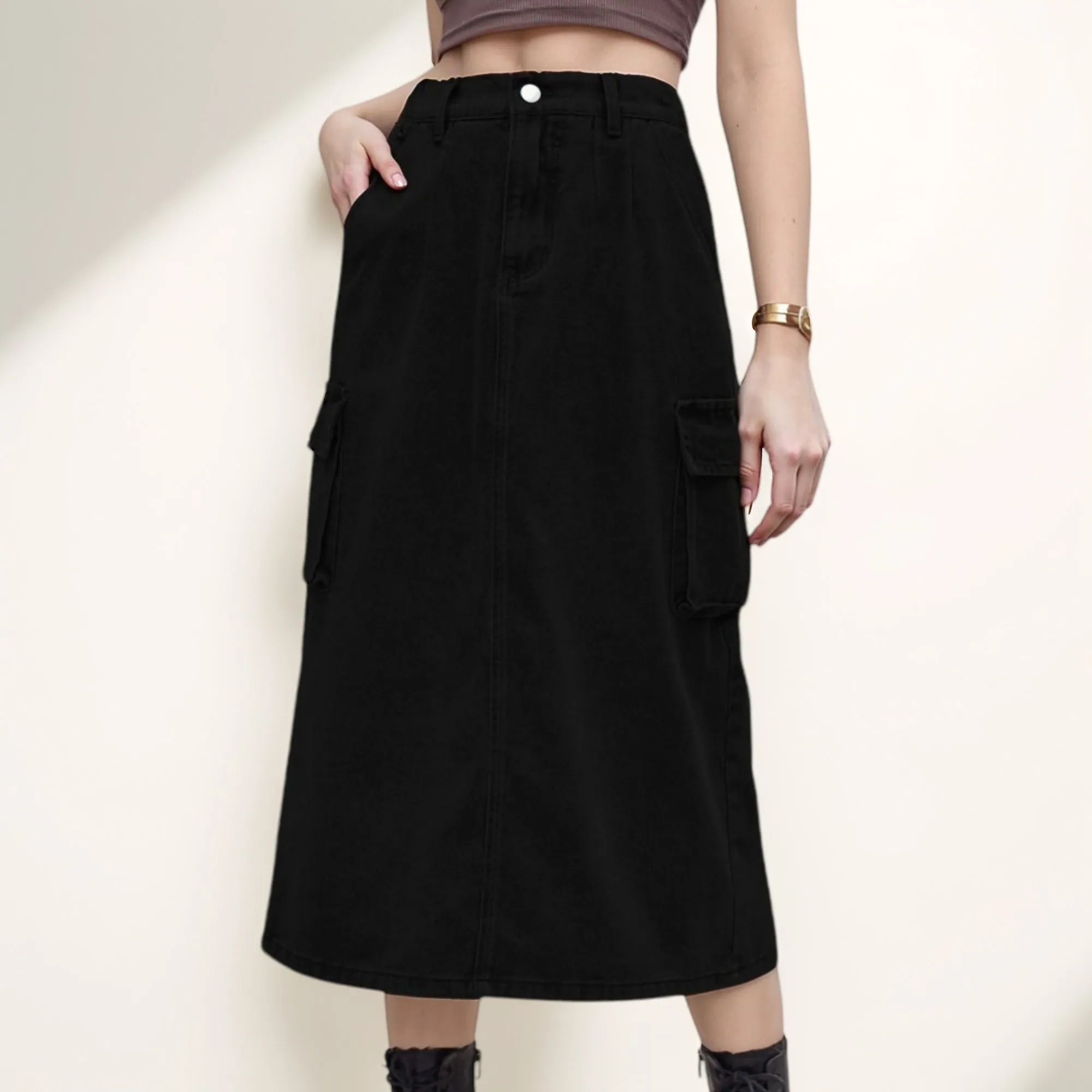 Anna-Kaci Women's Utility Midi Skirt with Side Cargo Pockets Button Waistband and Belt Loops sold by Anna-Kaci product image thumbnail 2