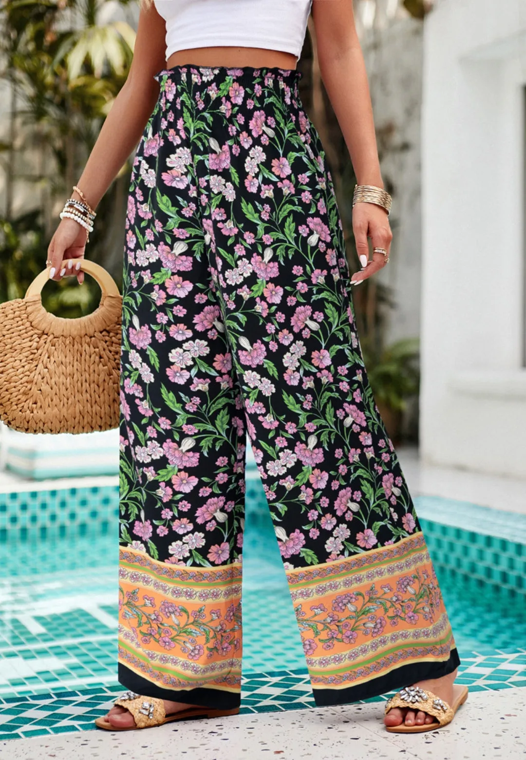 Shirred High Waist Floral Boho Pants sold by Anna-Kaci