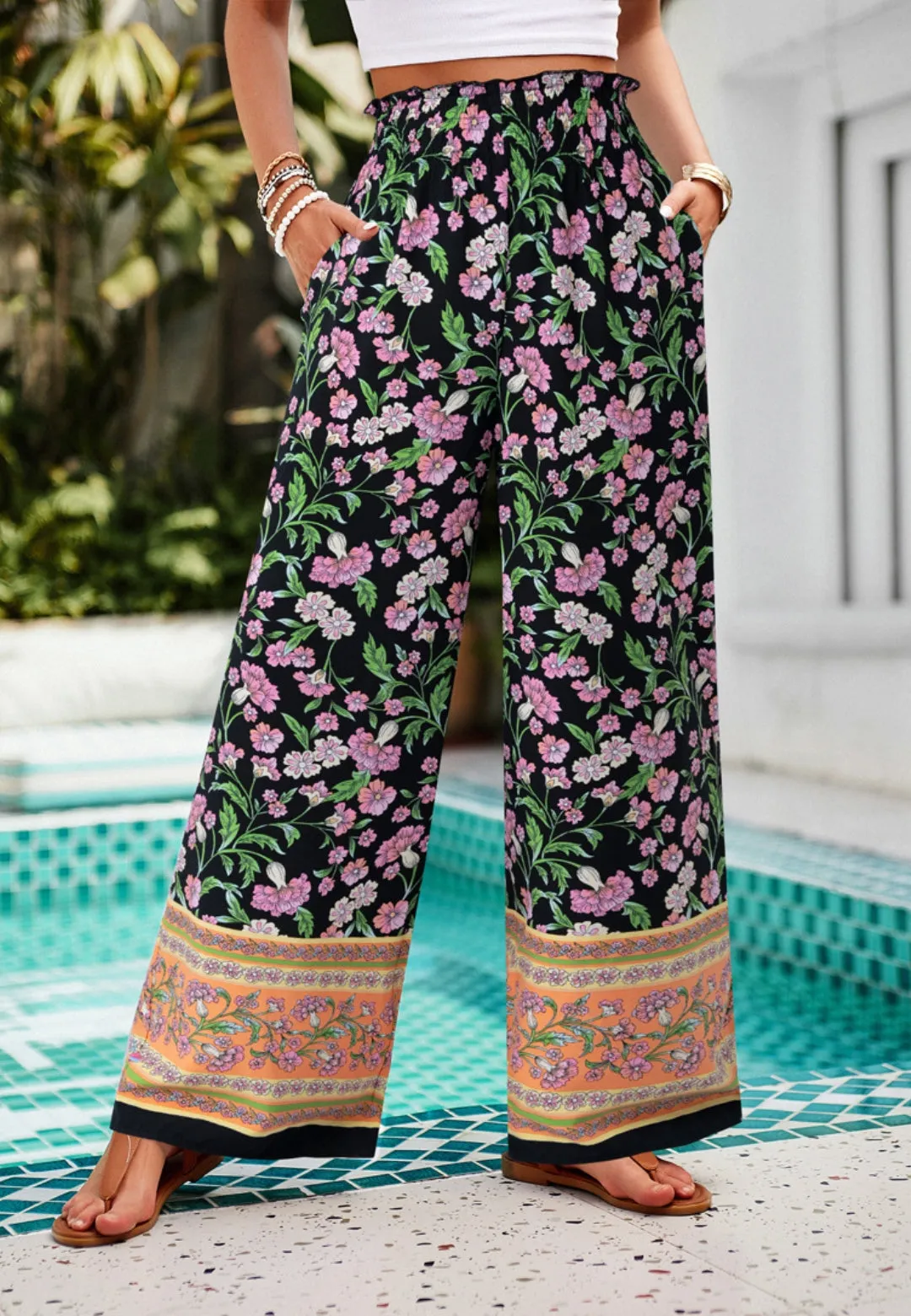 Shirred High Waist Floral Boho Pants sold by Anna-Kaci product image thumbnail 4