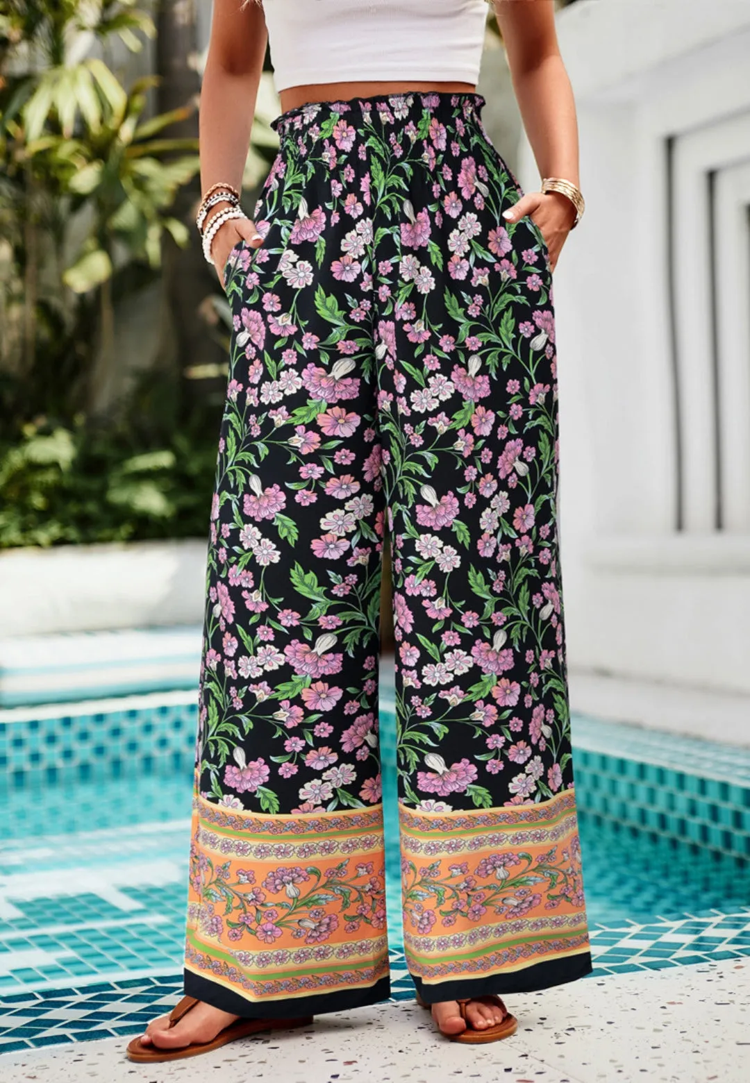 Shirred High Waist Floral Boho Pants sold by Anna-Kaci product image thumbnail 3
