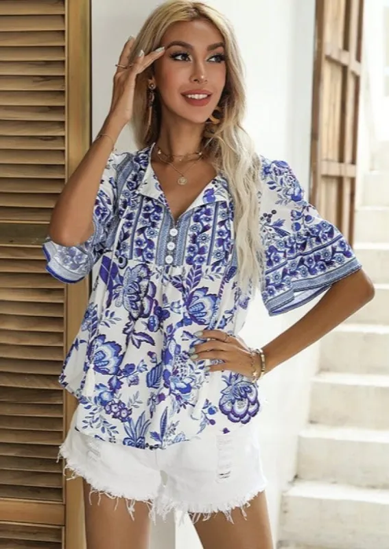 Tie Neck Button Detail Blouse sold by Anna-Kaci